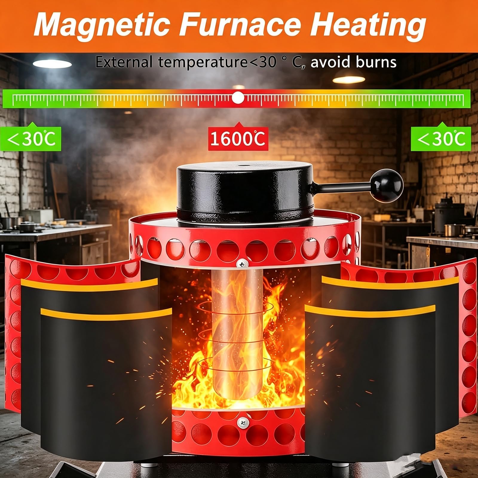 Piecyk do topienia złota, automatyczna maszyna do wytopu 2000W | Elektryczny piec do topienia o pojemności 1/2/3 kg do 1150°C do przetwarzania złota, srebra i miedzi(Orange,2kg)