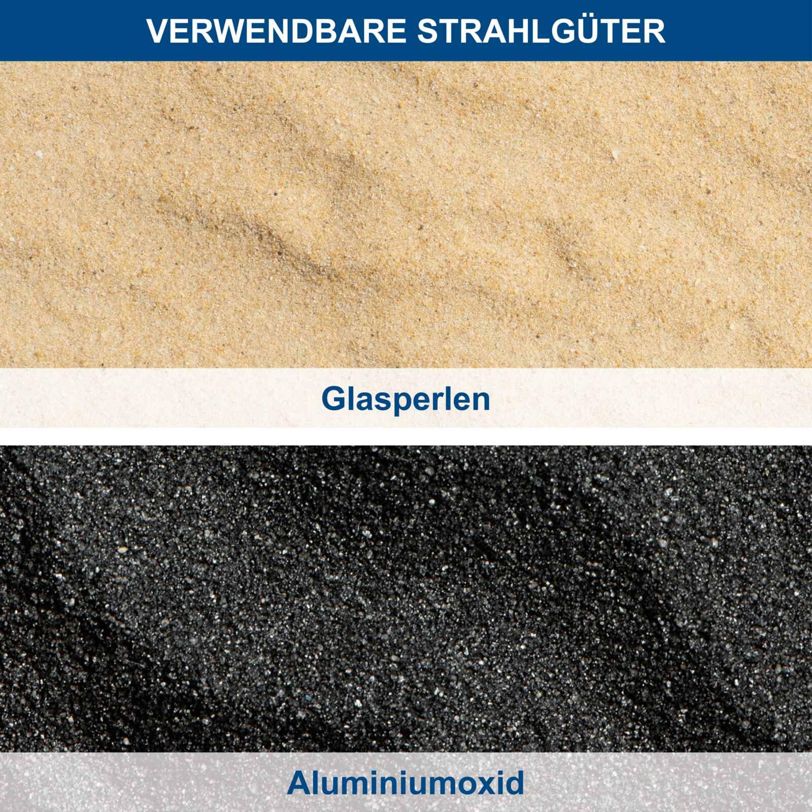 Scheppach Mobiles Sandstrahlgerät SBT-20 Sandtrahlpistole mit 2,5m Schlauch | Luftverbrauch 250 L/min | Betriebsdruck 4 ‒ 8 bar | Volumen 20L | Strahlgut 13L - Ø 0,1-0,63mm | Glasperlen, Aluminiumoxid