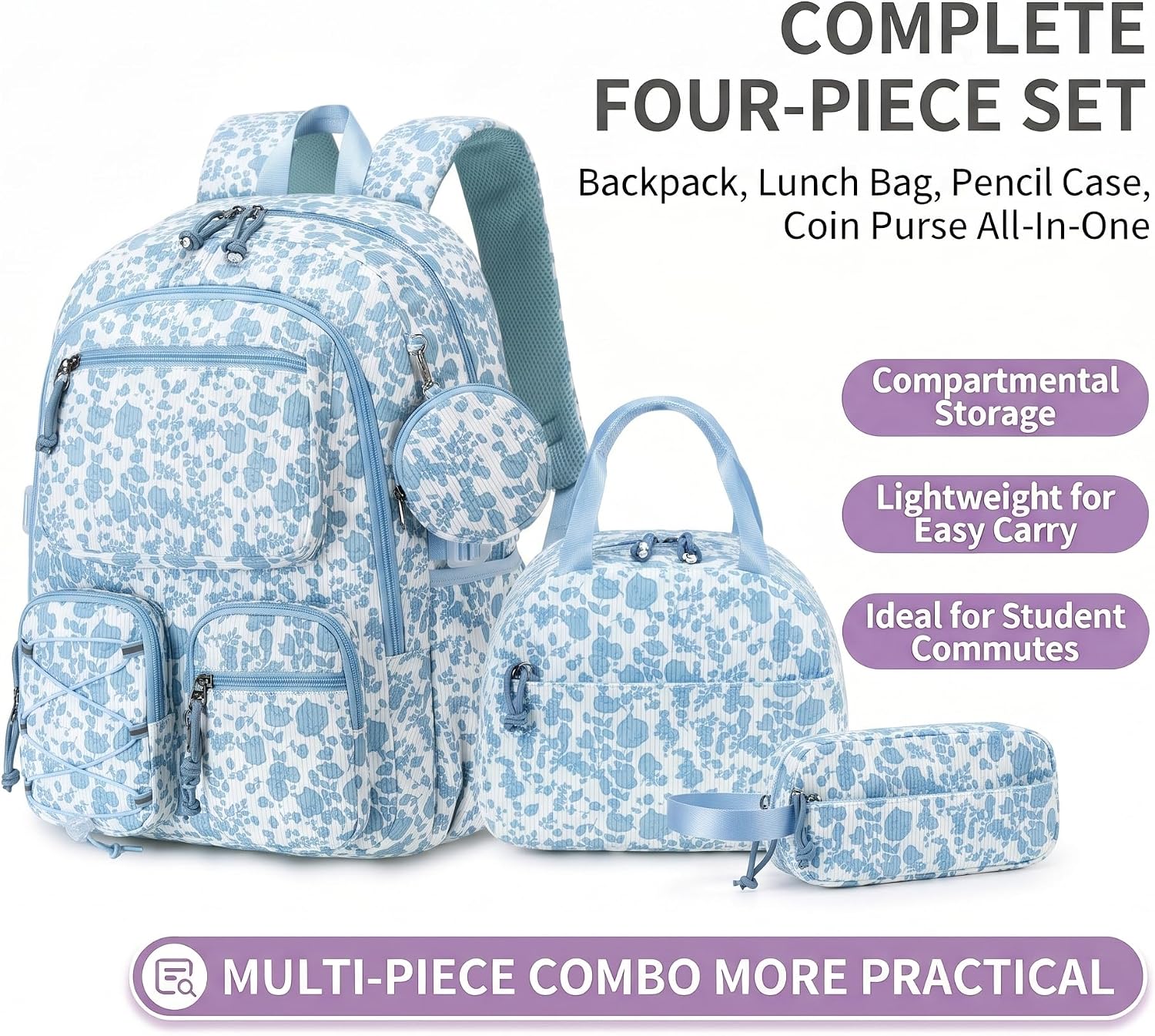 PiPiCat Corduroy 4-in-1 Girls Backpack with Lunch Bag Pencil Pouch Coin Purse, Back to School Backpack for 8-12 Teen Girls, School Travel Commute Daypack with Rope Decoration Soft Blue