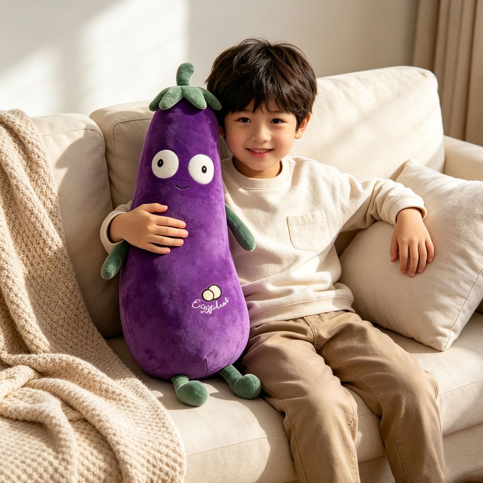 Plüschtier Aubergine, weiches Kuscheltier als Kissen, Nackenrolle & Sofadeko, Kinder und Erwachsene (110cm)