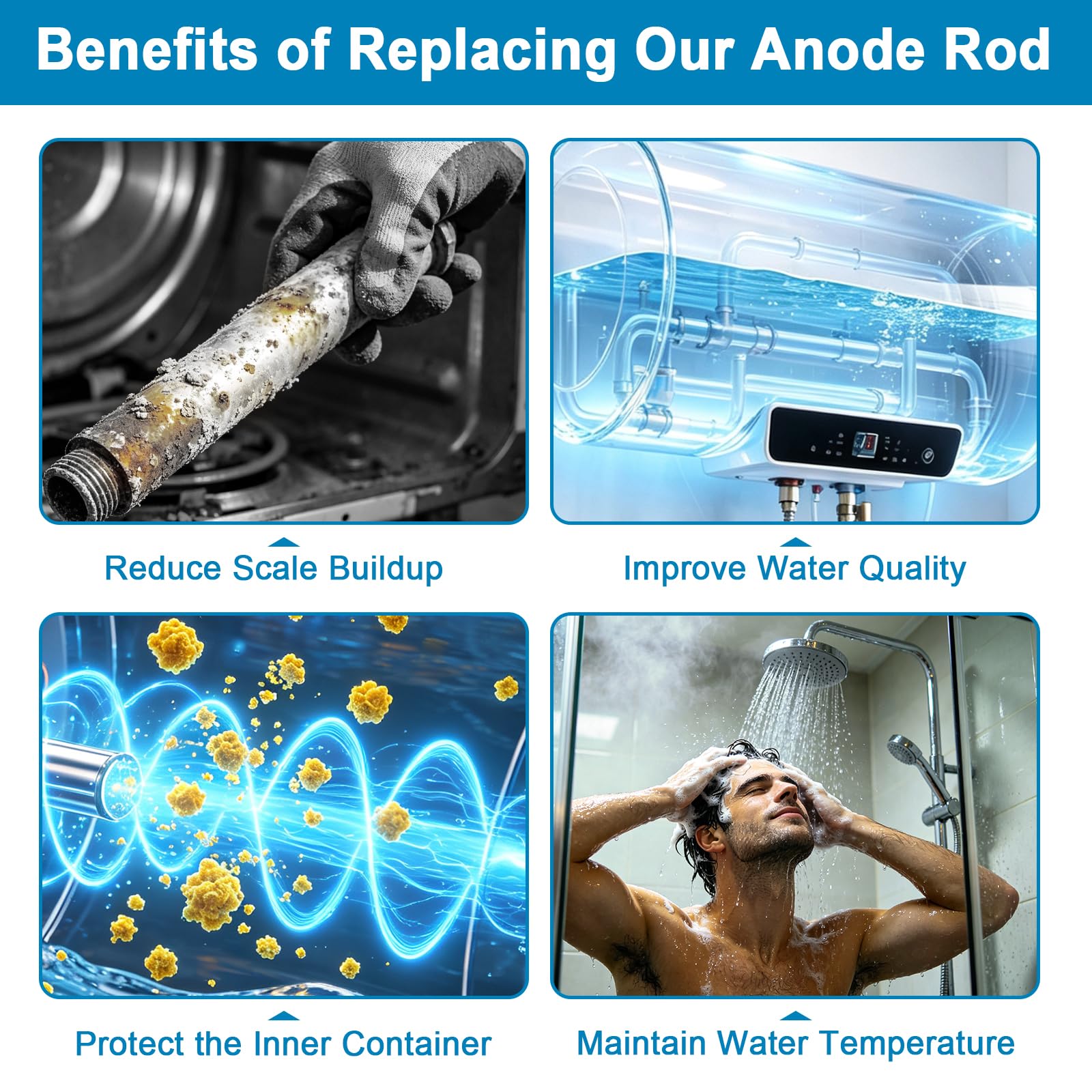 Anodo per scaldabagno al magnesio da 44 pollici compatibile con GE, Rheem | Kit flessibile NPT da 3/4" con presa da 1-1/16" e nastro in teflon; compatibile con Reliance, Richmond, Kenmore e AO Smith
