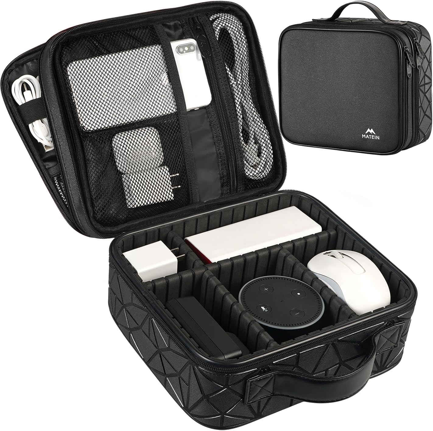 MATEIN Borsa Porta Cavi da Viaggio Grande, Organizer Cavi a Doppio Strato con Divisori Rimovibili, Impermeabile e Antiurto, per Caricabatterie, Power Bank e Accessori Elettronici, Nero