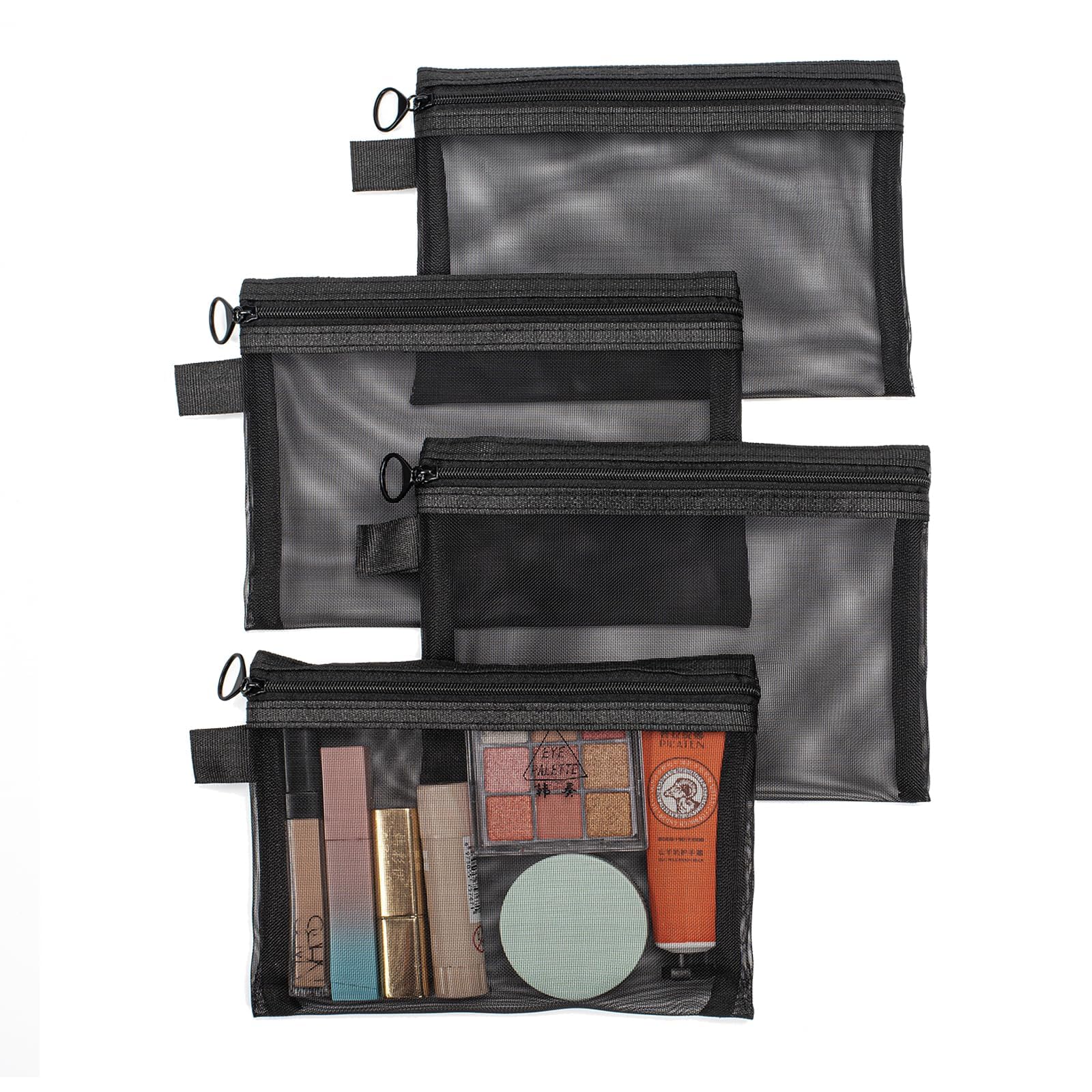 Gelapa 4Pack Small Make Up Bag for Purse, Black Mesh Makeup Bag, Clear Zipper Cosmetic/Toiletry/Brush Bag, Makeup Pouches Organizer for Women, Travel