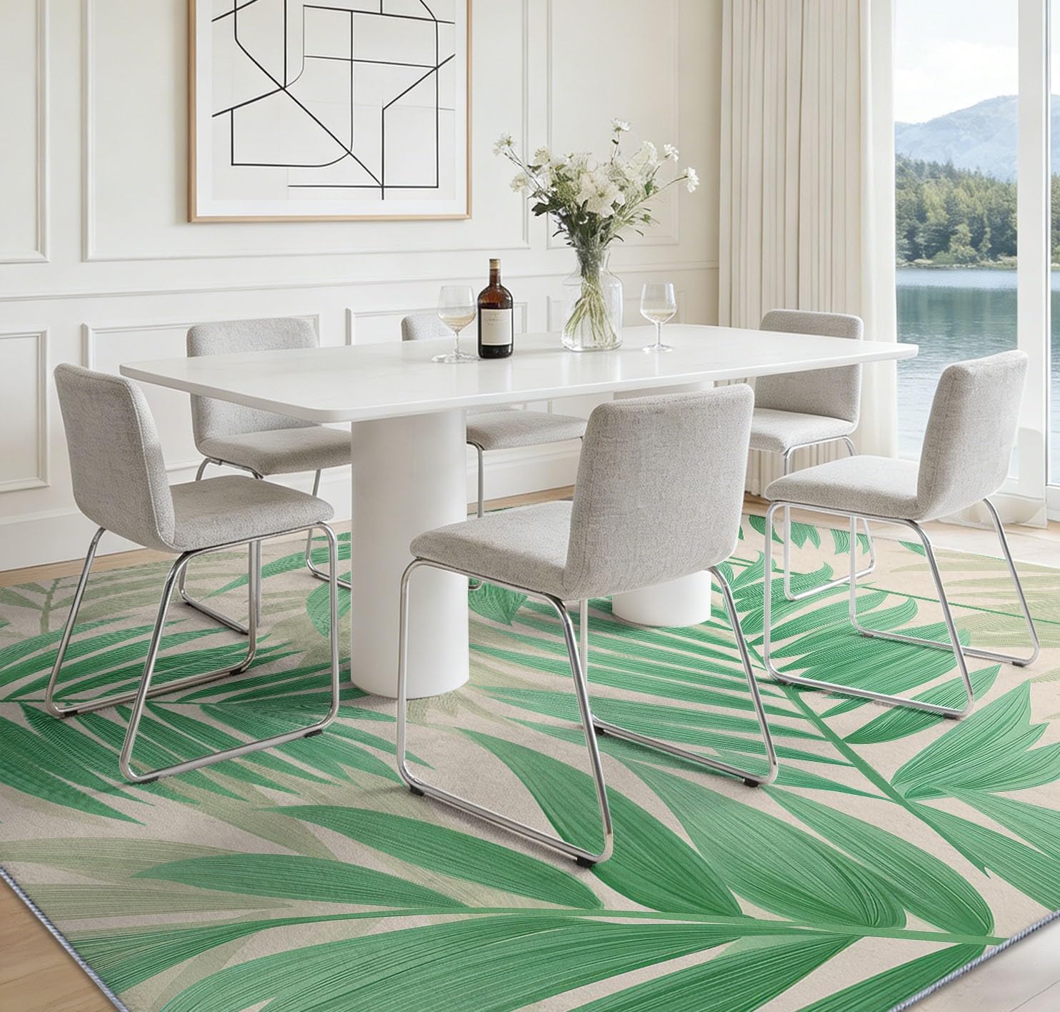 Tapis Salon 160x230 cm Plantes Vert Feuilles de Palmier Rayures, Style Rustique Moquette Imprimé Lavable en Machine - Vert Sauge Tapis Doux Antidérapant pour Chambre à Coucher et Bureau Salle de Jeux