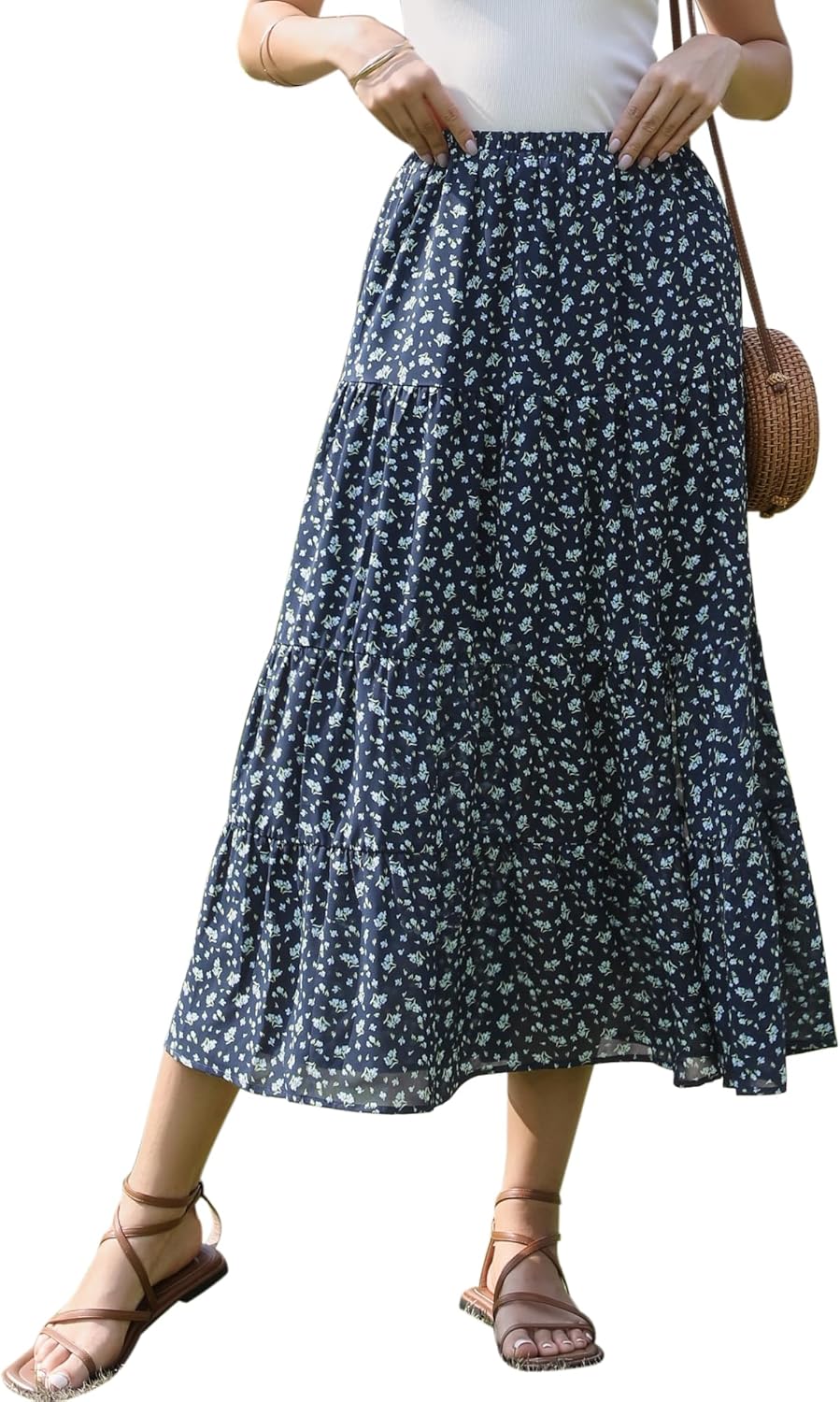 Allegra K Summer Floral Midi Skirt for Women Boho Elastic High Waist Flowy A Line Skirts Trendy 2026