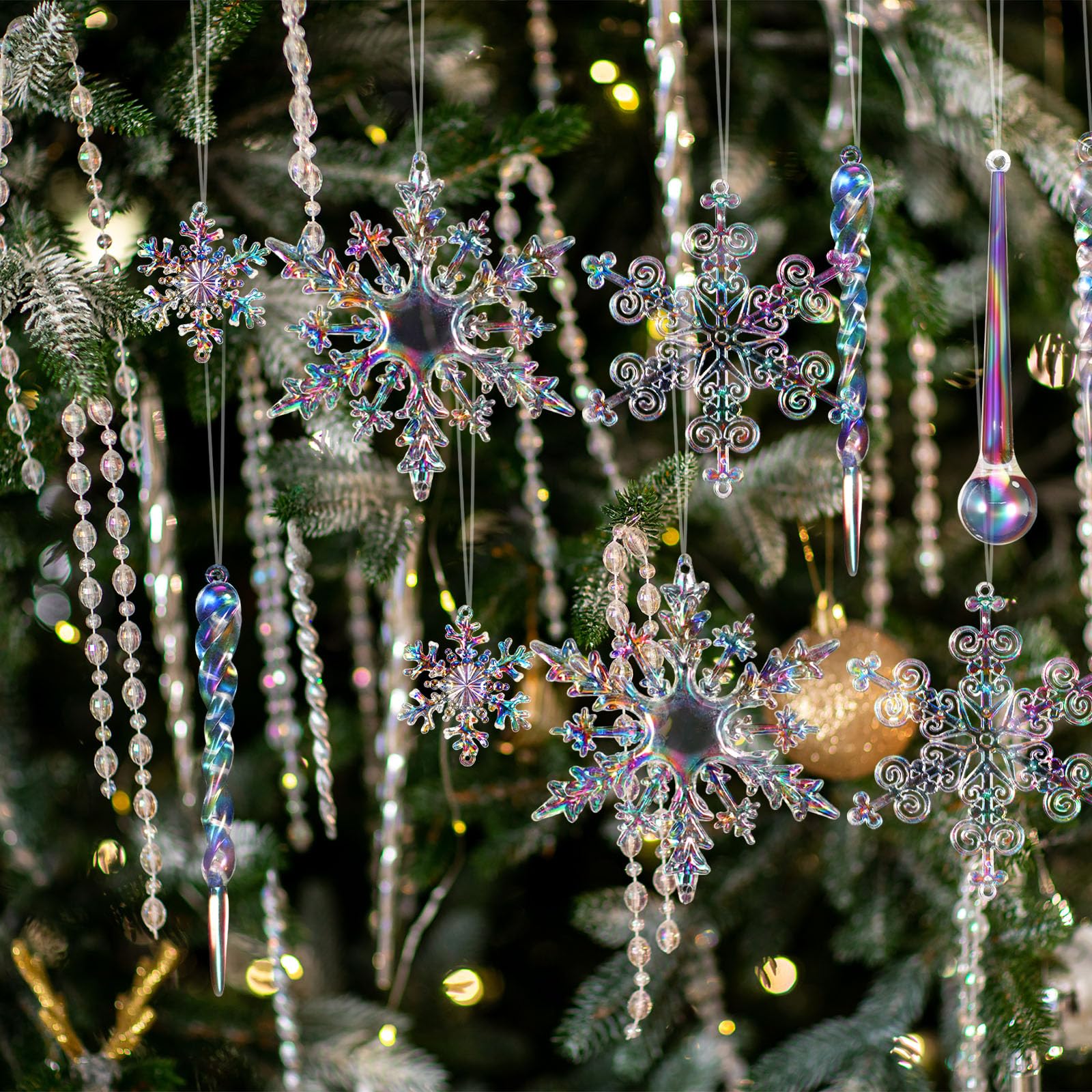 Chunful 70 adornos de Navidad iridiscentes de cristal para decoración de árbol, 8 estilos colgantes de acrílico transparente, colgantes de carámbano, cadena de guirnalda de cuentas de 33 pies para