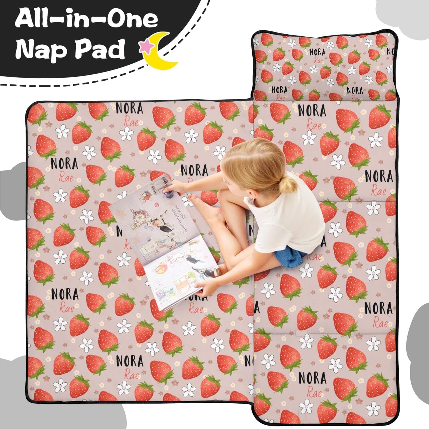 Personalized Toddler Nap Mat for Girls – Custom Name Strawberry Sleeping Bag with Pillow & Blanket – Soft & Portable for Daycare, Preschool & Kindergarten
