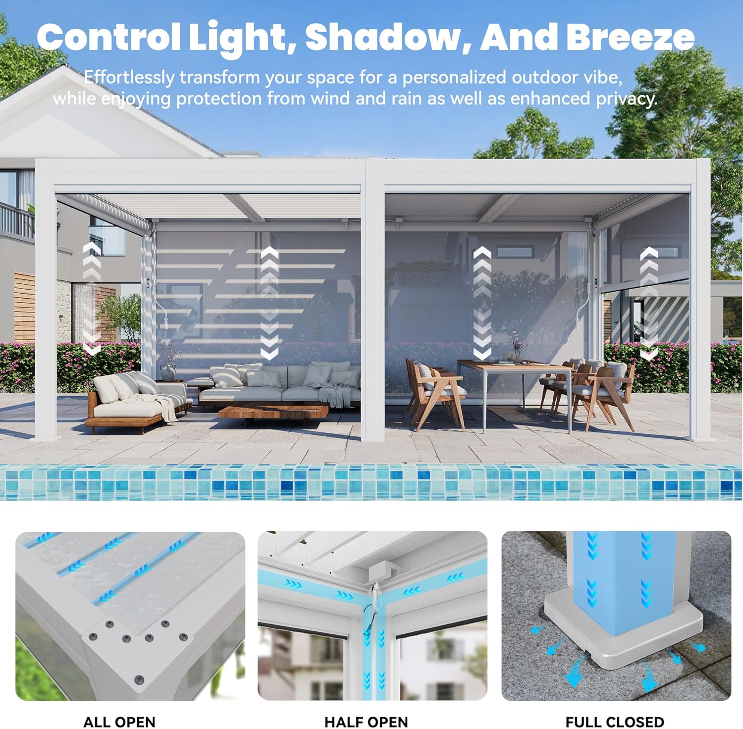 Three images showing louvered roof positions: all open, half open, full closed