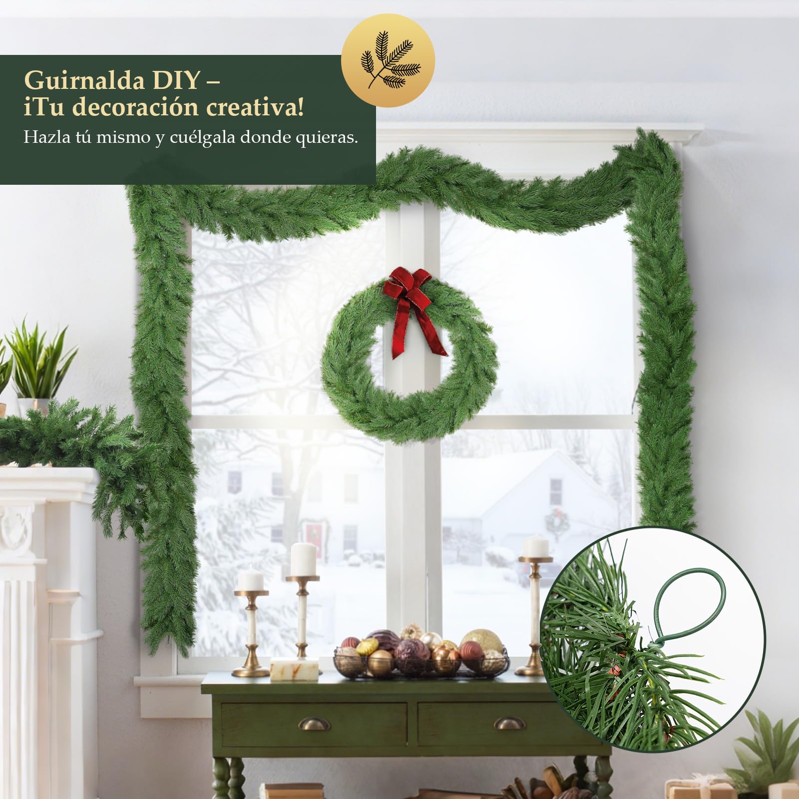 SALCAR DIY Guirnalda de Navidad Verde 5m PE + PVC | Decoración versátil para Interiores y Exteriores | Ideal para Puertas, escaleras, mesas y Eventos Festivos