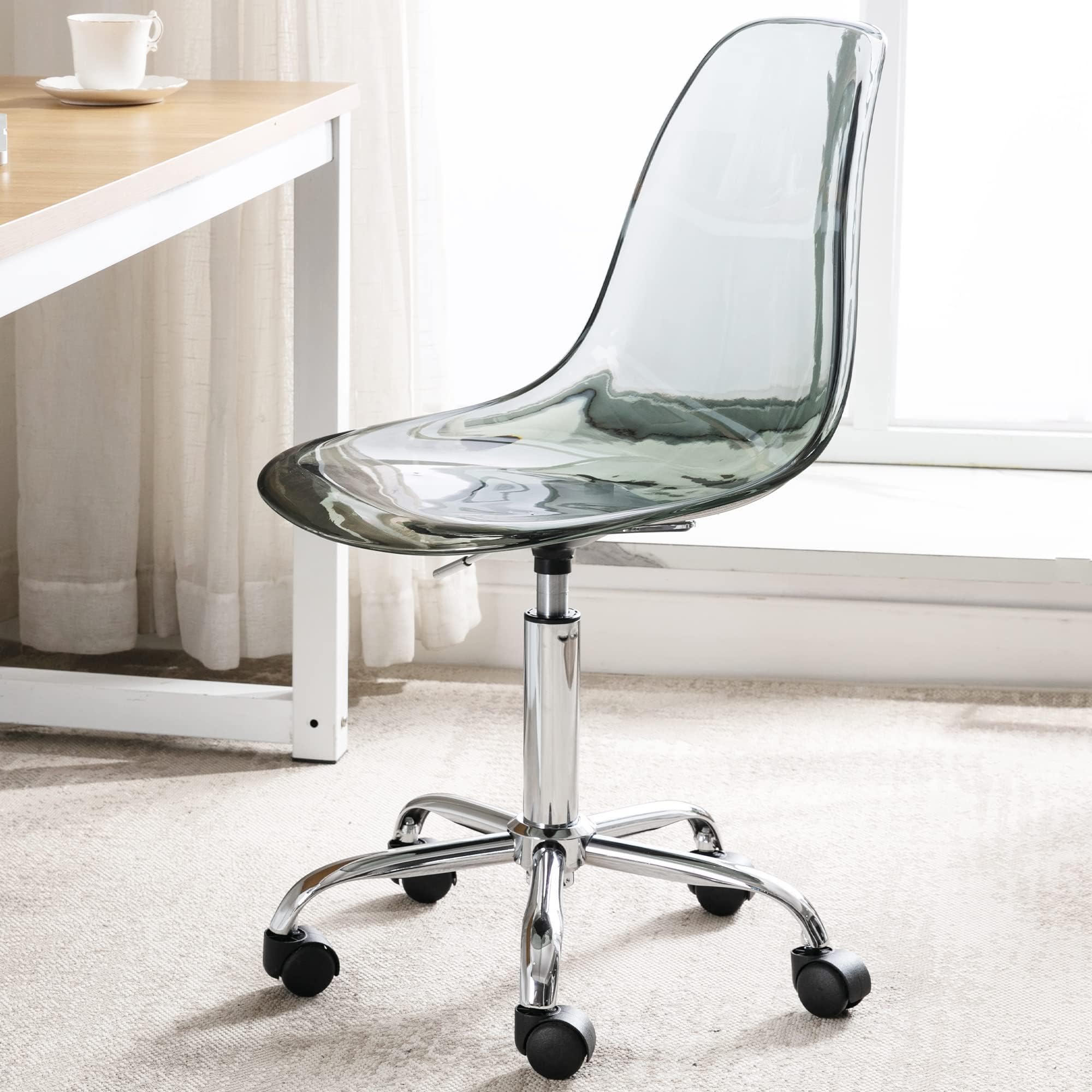 HOMEFUN Clear Desk Chair, Acrylic Rolling Armless Vanity Swivel Height Adjustable Ghost Molded Plastic Home Office Chairs with Wheels, Black