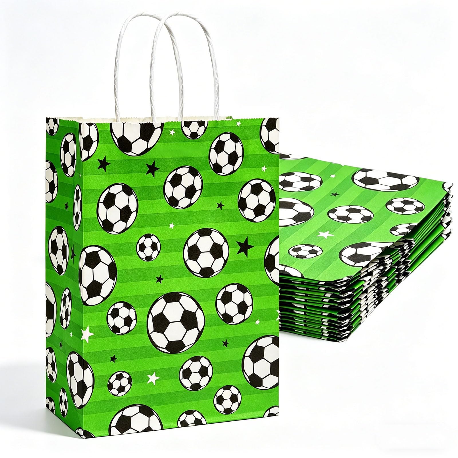 20 Pcs Green Football Gift Bags 16x22x8cm–Small Party Bags With Handles| Durable Kraft Paper Goodie Bags for Birthdays, Weddings, Baby Showers (Green Football)