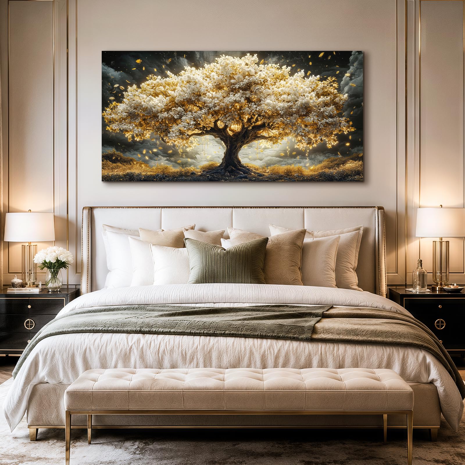 JHHUAMO Tableau Décoration Murale Arbre de Vie Doré Salon Chambre 73x146 cm | Tableau Nature, Impression Haute Définition, Installation Facile, Artisanat Exquis, Polyvalent