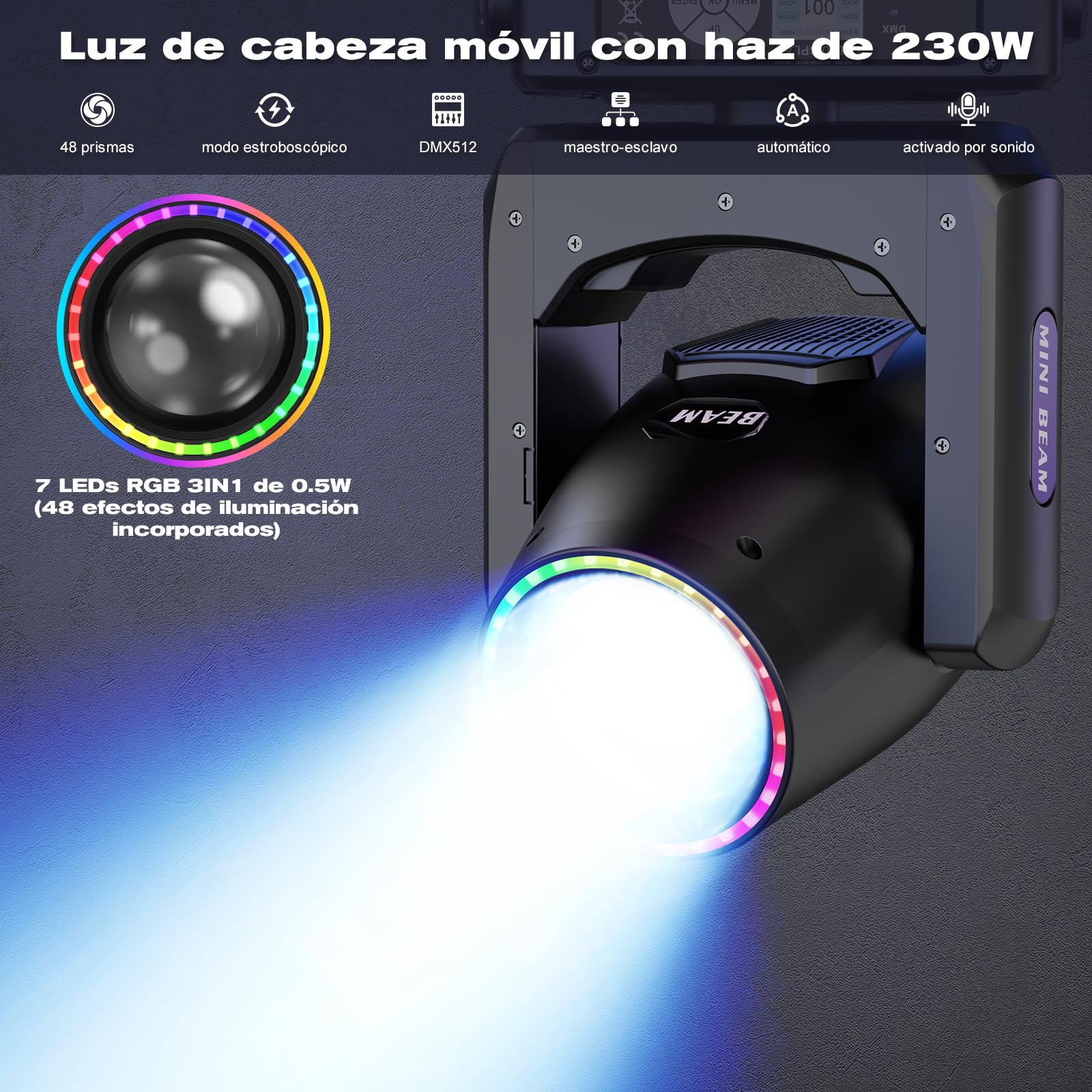 2 piezas Cabeza Móvil LED 230W 7R Beam Mini RGBW Iluminación de Escenario 14 Colores14 Gobos Luces de Fiesta dmx Prisma para Halloween DJ bar cumpleaños discoteca