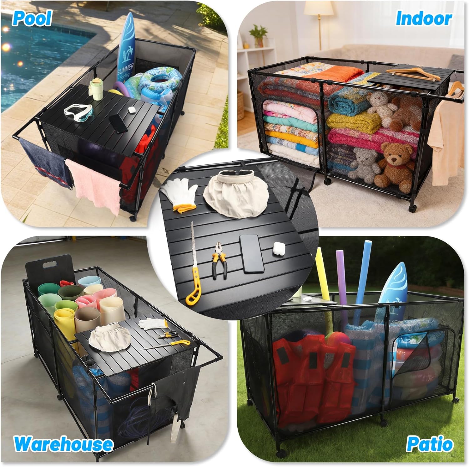270Gal Pool Storage Organizer with Tabletop,Towel Bar,Zipper Doors,360° Rotating Wheels,Weather-Resistant,Easy Assembly,for Indoor Outdoor,Pool,Patio,Beach (L Size)