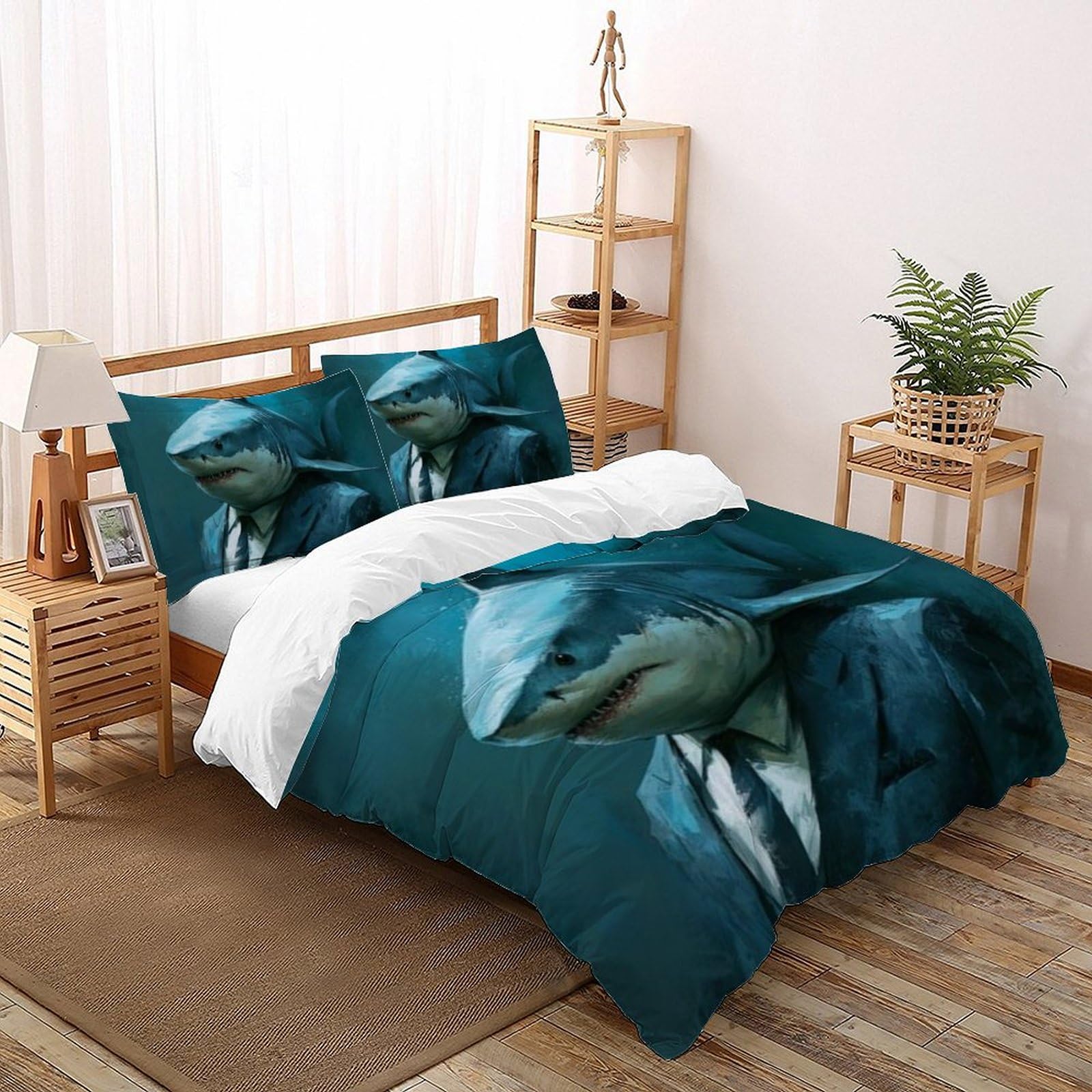 Housse de couette requin avec impression 3D relief et fermeture éclair pratique