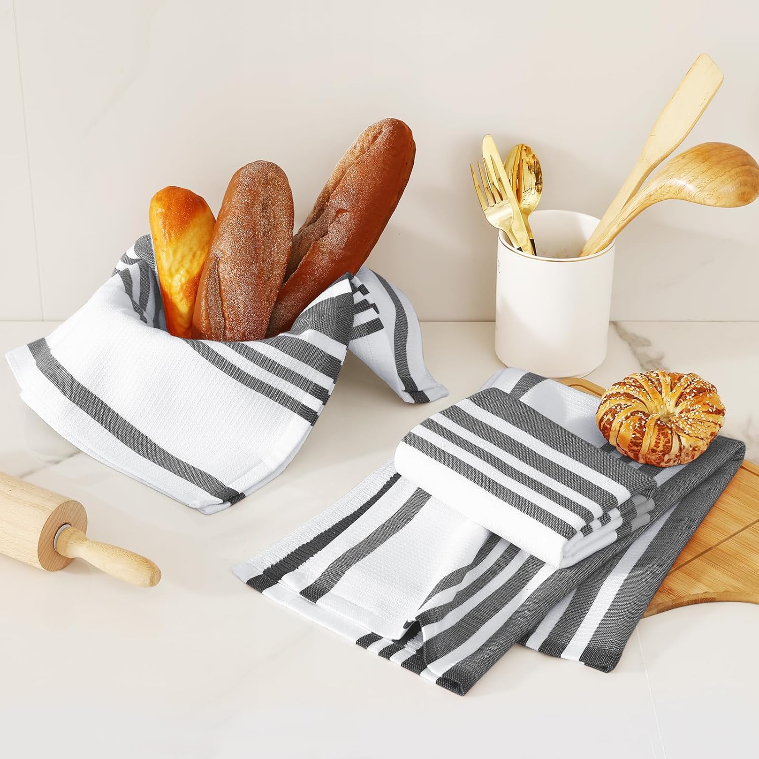 Homaxy Premium Kitchen Towels 18”x 28”, Large Cotton 380 GSM Kitchen Hand Towels, Stripe and Terry Dish Towel, Highly Absorbent Tea Towel Set with Hanging Loop, 6 Pack, Black - Image 6