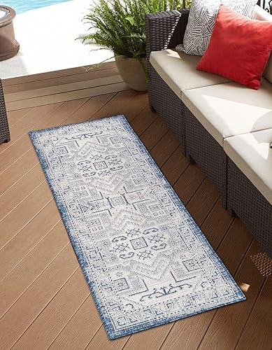 Unique Loom Outdoor Aztec Collection Alfombra de área - Coba (2 pies x 7 pies 10 pulgadas, alfombra de pasillo, azulmarfil)