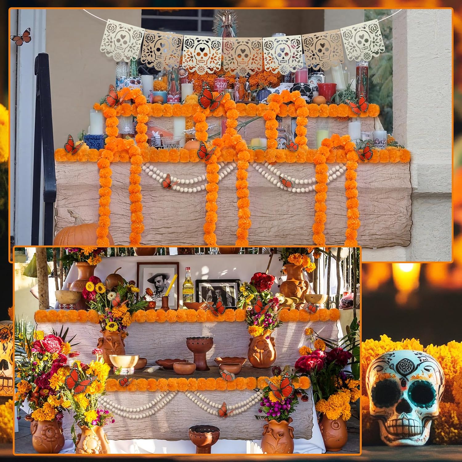 88 Pcs Dia De Los Muertos Altar Decoration Set 18 Felt Mexican Party Banner 2 Artificial Marigold Garland Include 60 Flower 6 Butterfly 2 Bead Garland 2 Tablecloth Day of the Dead Ofrenda Altar Decor