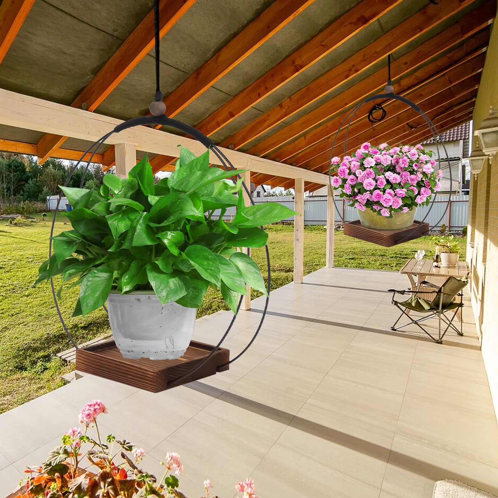 mumisuto 2 Piezas Maceta Colgante Interior con Base de Madera, Macetero Colgante Boho, Macetas Colgantes para Plantas Pequeñas y Medianas, para Interior y Exterior Decoración del Hogar (Negro 1)