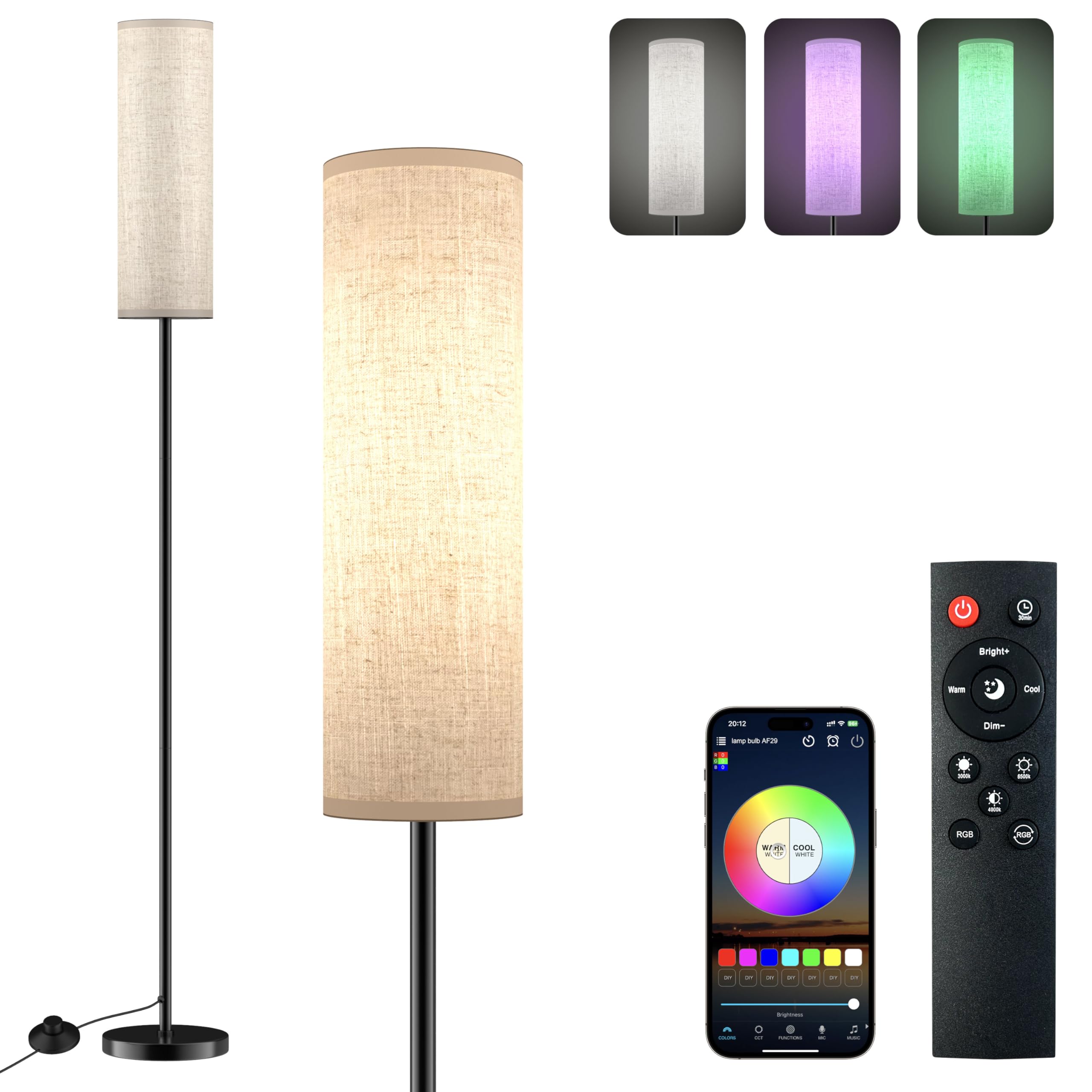 Occotong Modern Floor lamp for Living Room Office Standing lamp, 3 Color Tall Lamp Standing lamp with Control Mobile Phone Color dimming, Brightness, Home Floor lamp for Minimalist Floor lamp