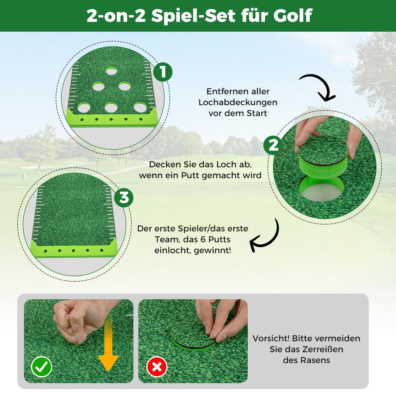 GYMAX Golf Puttingmatte, tragbare Golfmatte mit 2 Verstellbaren Schlägern, 6 Bällen & Tragetasche, Golf Abschlagmatte für Büro, Zuhause, Garten