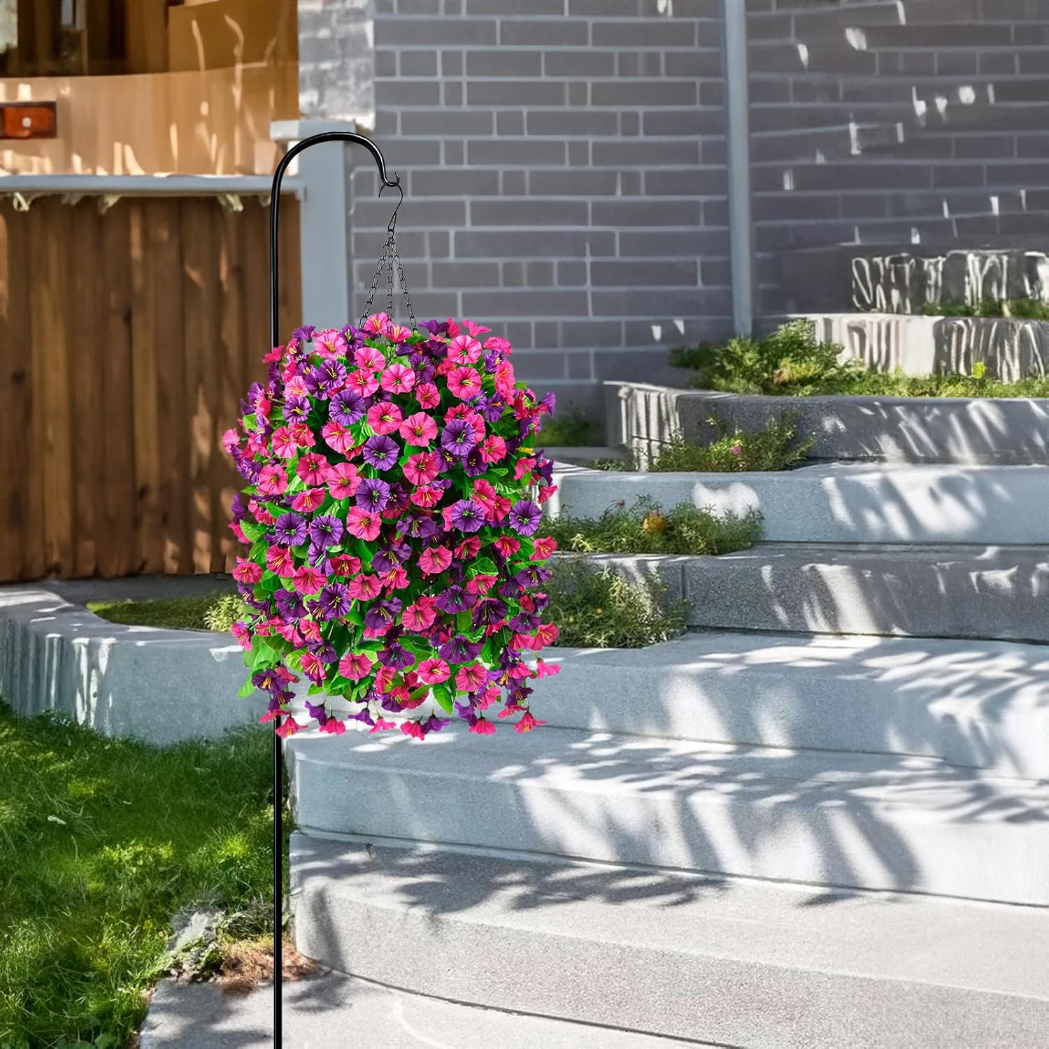 INQCMY Artificial Faux Hanging Flowers Plants Baskets for Outdoors, Fake 3 Bundles Silk Morning Glory in Planter UV Resistant Realistic for Porch Patio Balcony Garden Yard Home Decor - Image 5