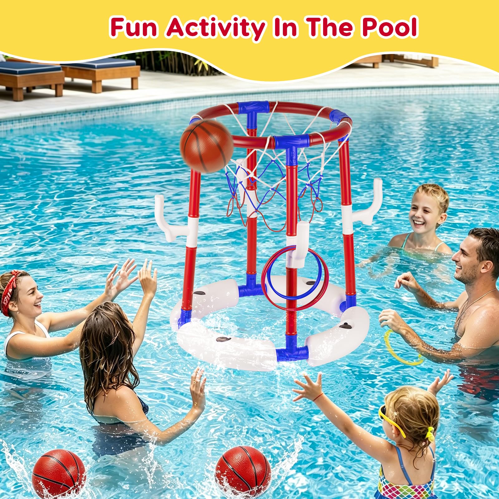 Giocattoli da basket per piscina, cestino da basket galleggiante per piscina con 4 palline, 6 anelli e pompa, ideale per bambini e adulti per divertirsi in acqua