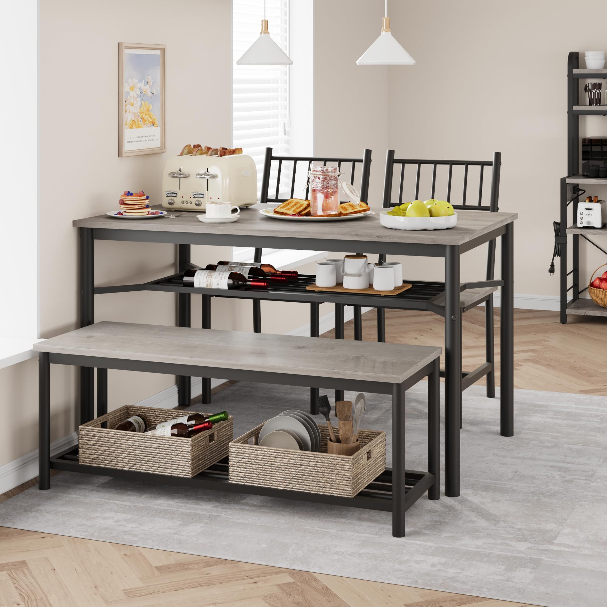 Essgruppe Esstisch Set 4-Teilig Esszimmertisch Mit 2 Stühlen & Bänken, Sitzgruppe Mit 2 Lagerregalen, Bartisch Mit Metallgestell, Industrial Esszimmergruppe Für Küche Esszimmer
