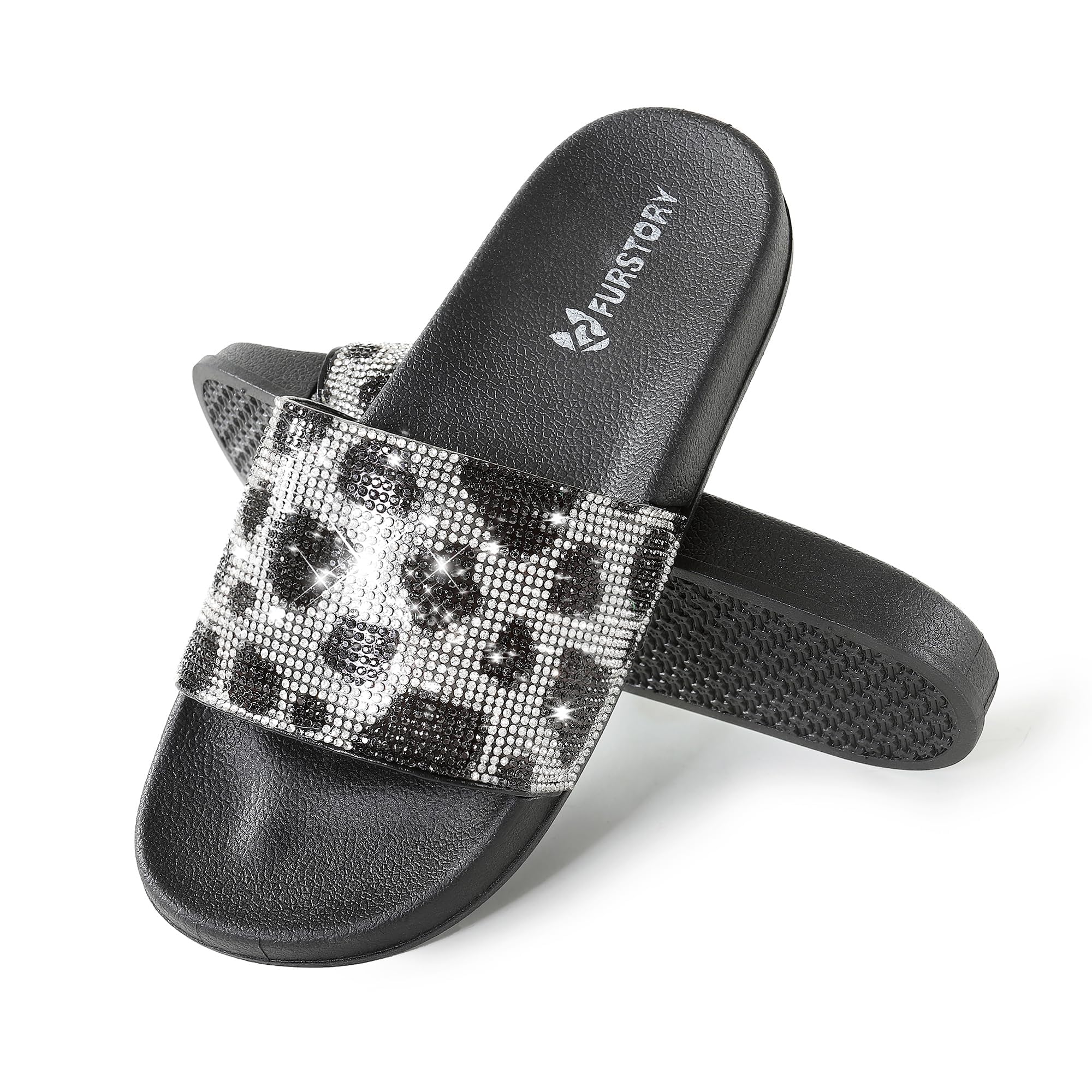 Fur Story Womens Slides House Slippers Rhinestone Glitter Slides Cute bling Flat for Women Platform Sandals Cozy Bedroom Slippers Shower Shoes