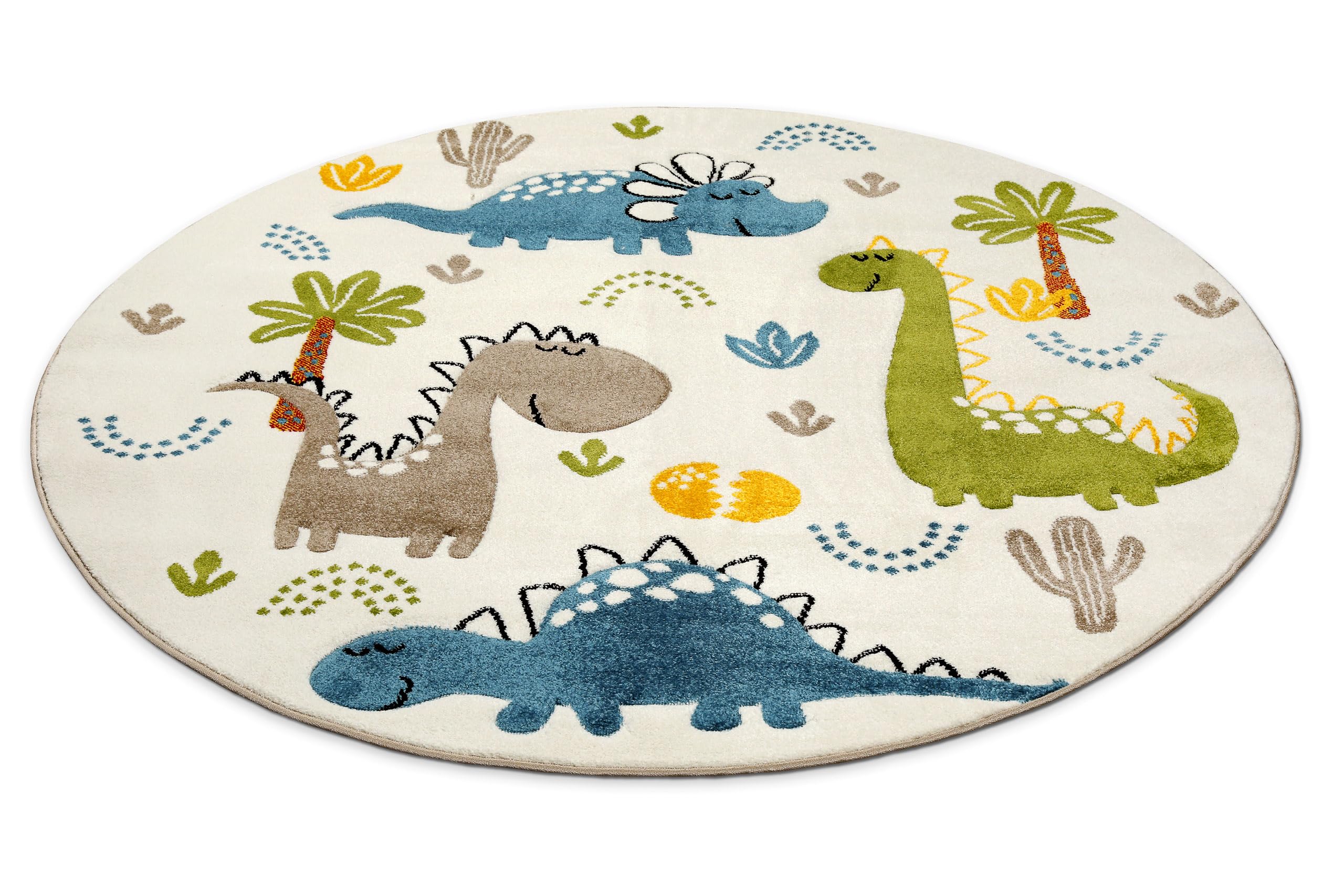 Smart Kids Tappeto per bambini in tessuto emozionante avventure con simpatici motivi dinosauri – Dino & Friends (120 cm rotondo, crema bianco)