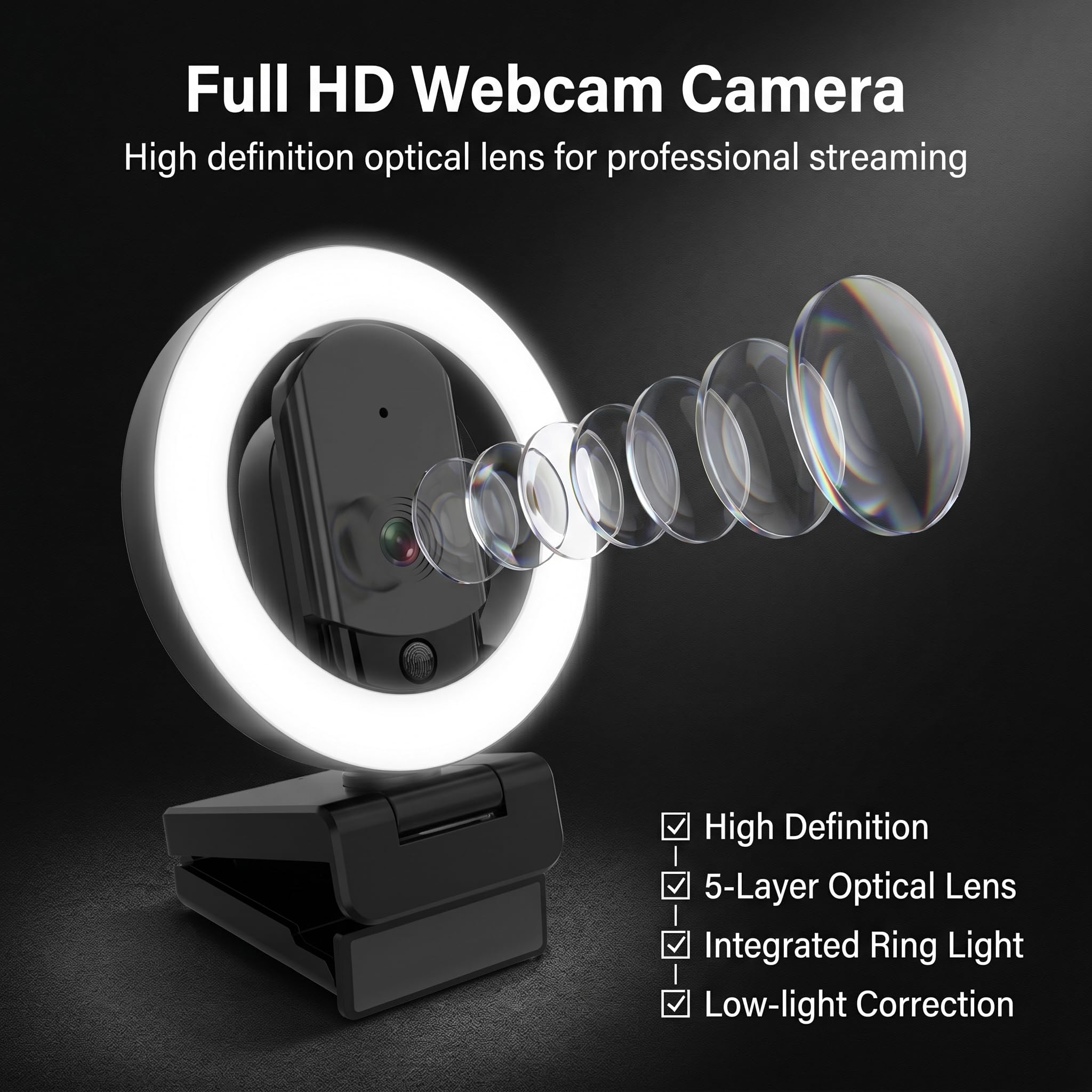 Cámara web 4K Ultra HD con micrófono, luz de relleno de 3 colores y cubierta de privacidad, cámara web de enfoque automático de gran angular de 90° con trípode y adaptador USB C, Plug & Play