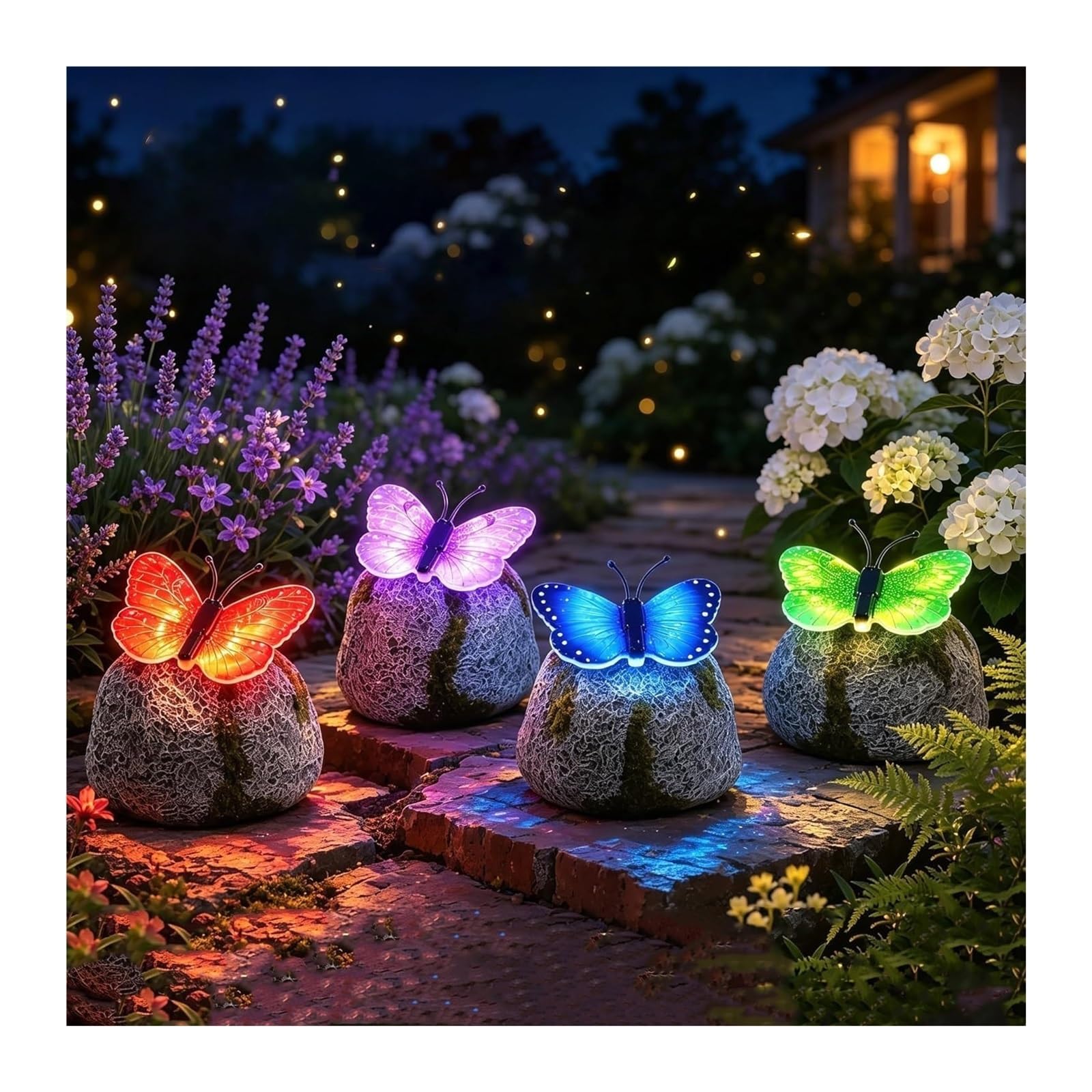 sloiaz Illuminated Butterfly Stone Garden Light, Waterproof Outdoor Solar Butterfly Decor, Unique Yard Art Figurines, Glowing Lawn Ornaments(4pc-Mix)