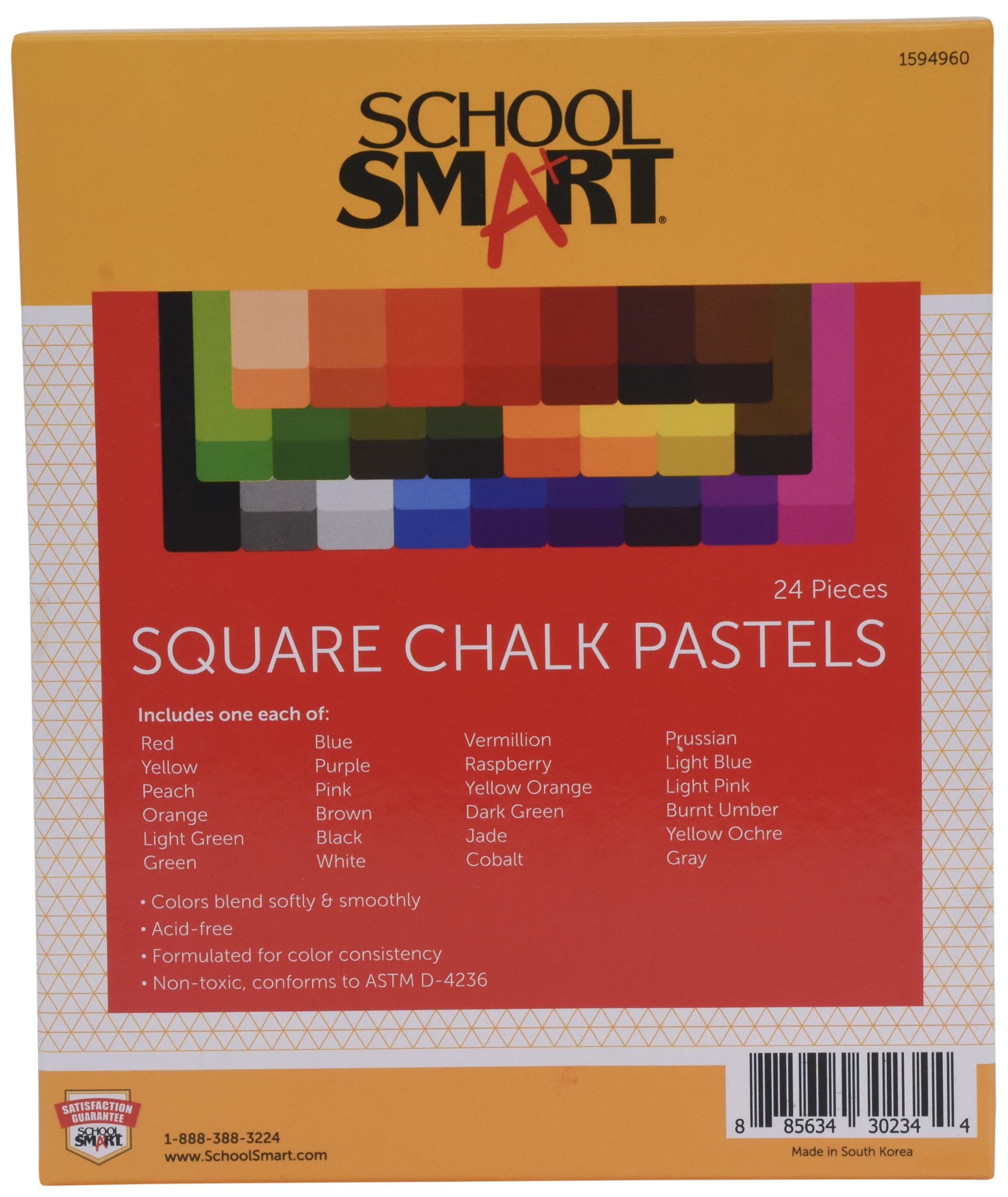 School Smart Square Chalk Pastels, Assorted Colors, Set of 24