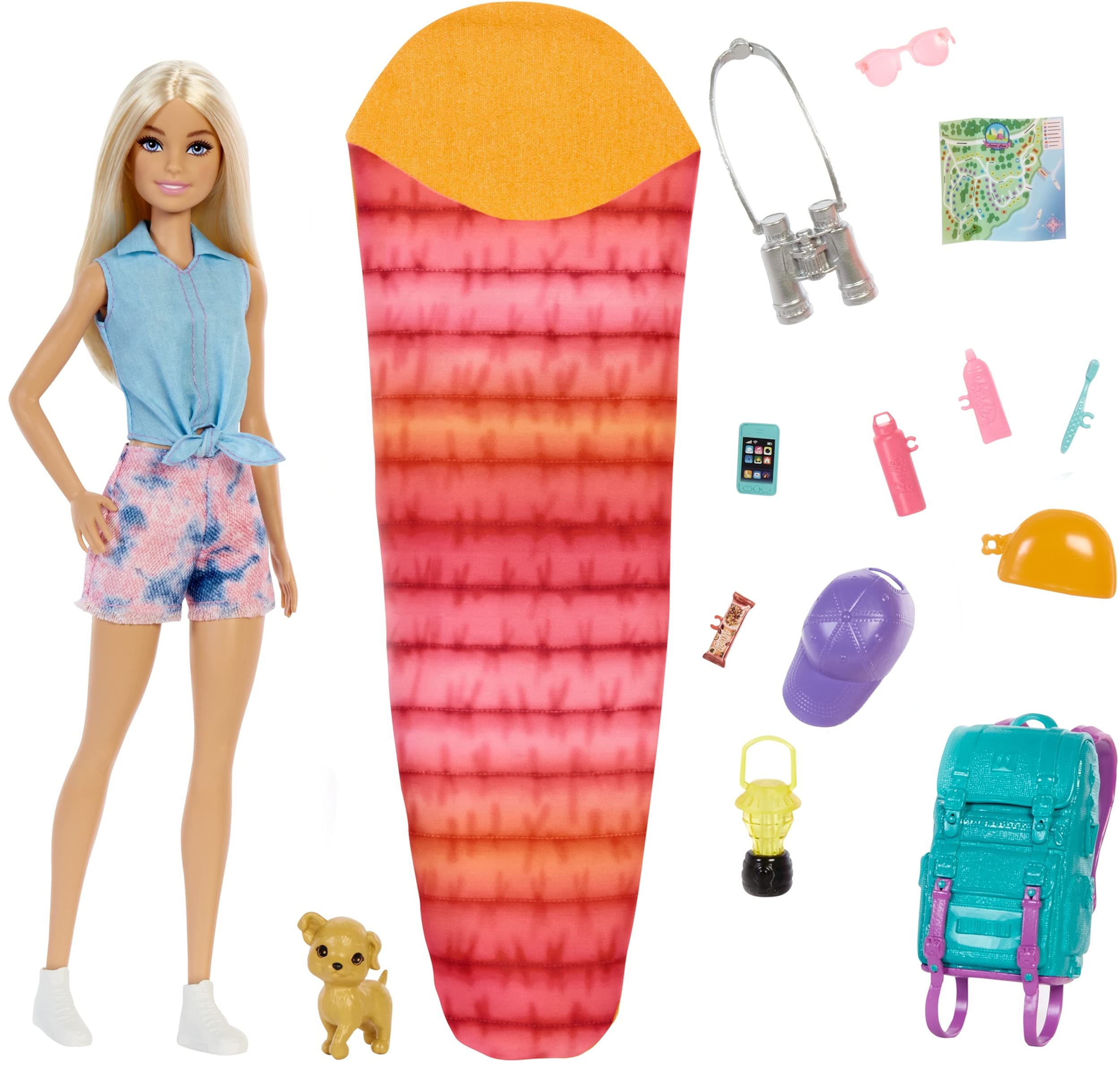 Barbie It Takes Two “Malibu” Camping Doll (11.5 in Blonde) with Pet Puppy, Backpack, Sleeping Bag & 10 Camping Accessorie...
