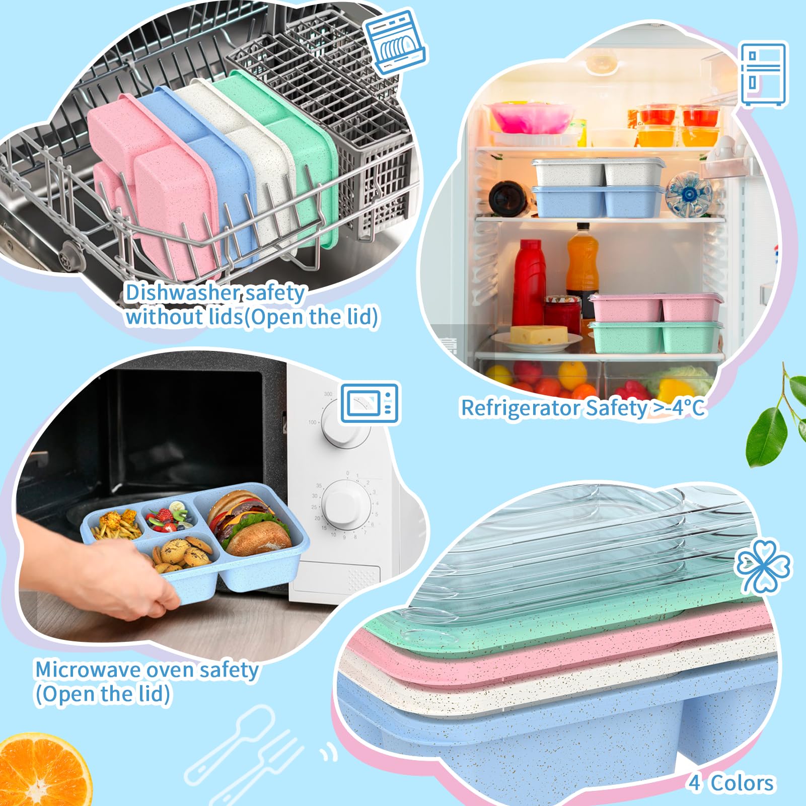 Caja Bento de gran capacidad para adultos, juego de 4 piezas, lonchera apilable con 4 compartimentos, apta para microondas y lavavajillas, recipientes reutilizables para preparación de comidas, 6