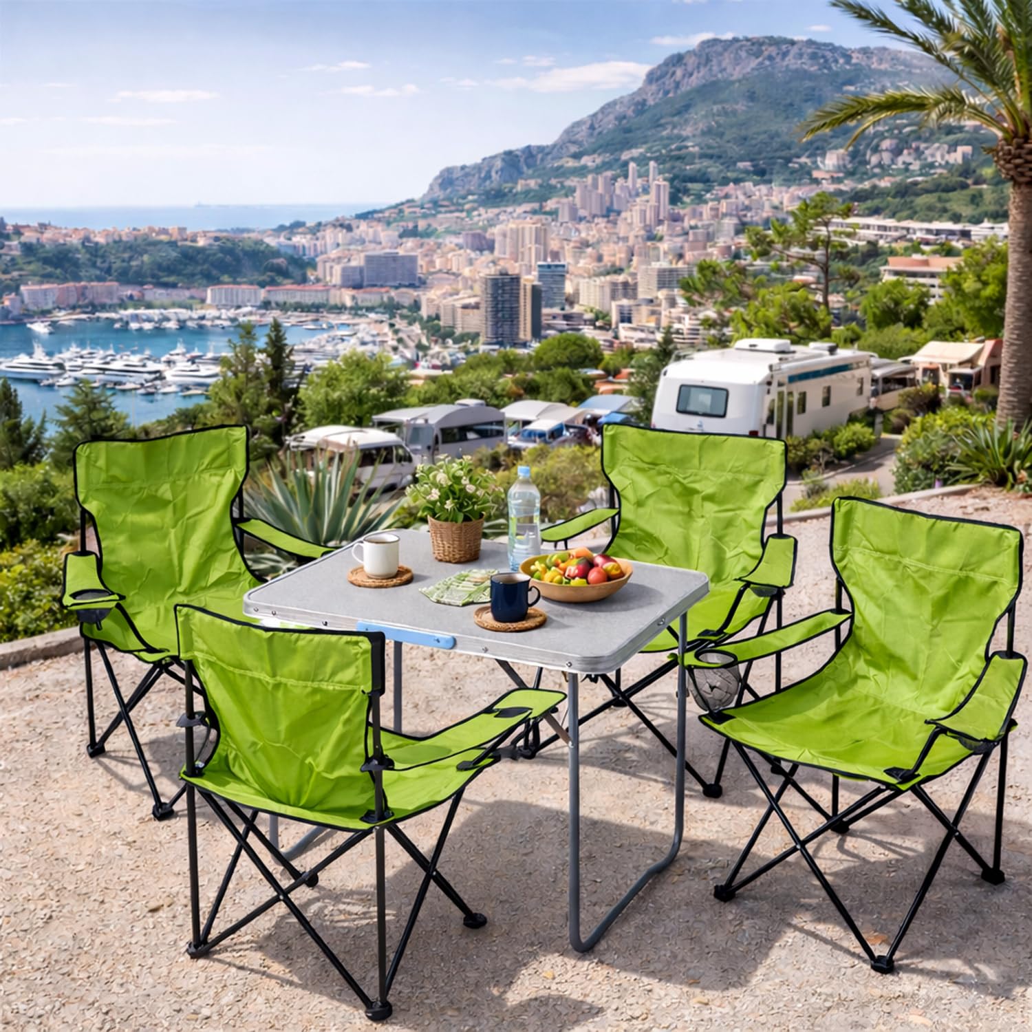 Mojawo 5tlg. Set di mobili da Campeggio in Alluminio, 80 x 60 x 68 cm, 1 Tavolo XL da Campeggio con Maniglia e 4 sedie da Pescatore, sedie Pieghevoli da Campeggio, Verde Lime