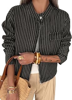 Dokotoo Women's Striped Denim Jacket 2026 Fall Zipper Button Jeans Coats | Fall Winter Outfits,Long Sleeve,Crewneck,Comfy Coat,Business Casual,Fashion Clothing,Office Outdoor Wear,With Pocket