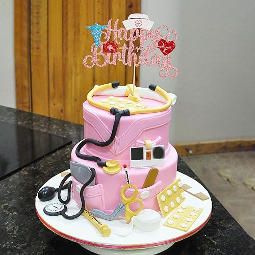 Miniatura 7 de Gyufise Decoración para pastel de enfermería con purpurina para enfermera, feliz cumpleaños, selección de pastel médico, decoración de pasteles para