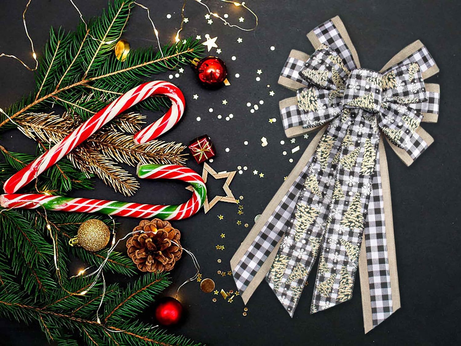 Large Christmas Bows for Wreath, Christmas Wreath Bow Black Buffalo Plaid Burlap Xmas Tree Topper Bows for Front Door Party Decorations - Image 5