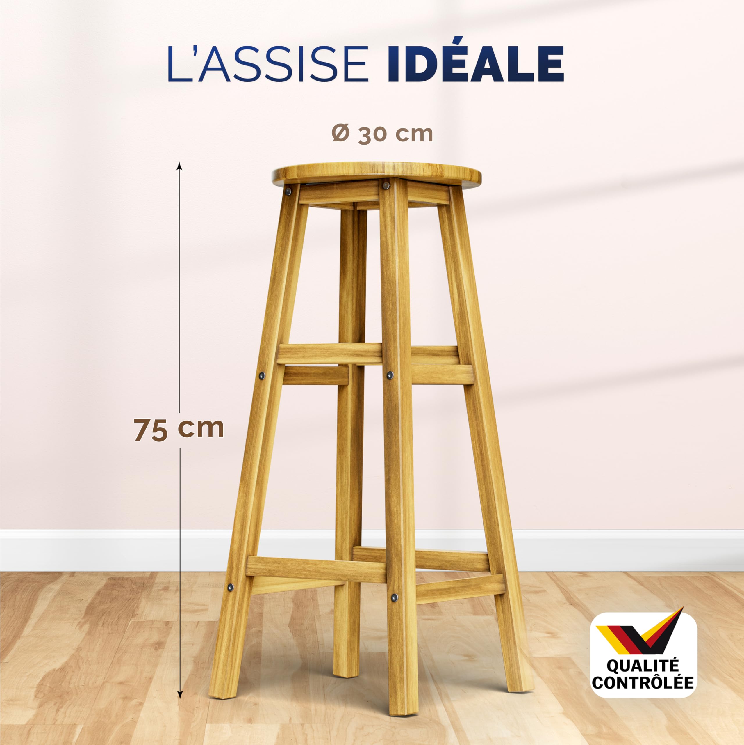 Casaria® 4X Tabourets de Bar chaises Hautes Bois d'acacia Assise Ronde avec Repose-Pieds Hauteur 75 cm Style Rustique