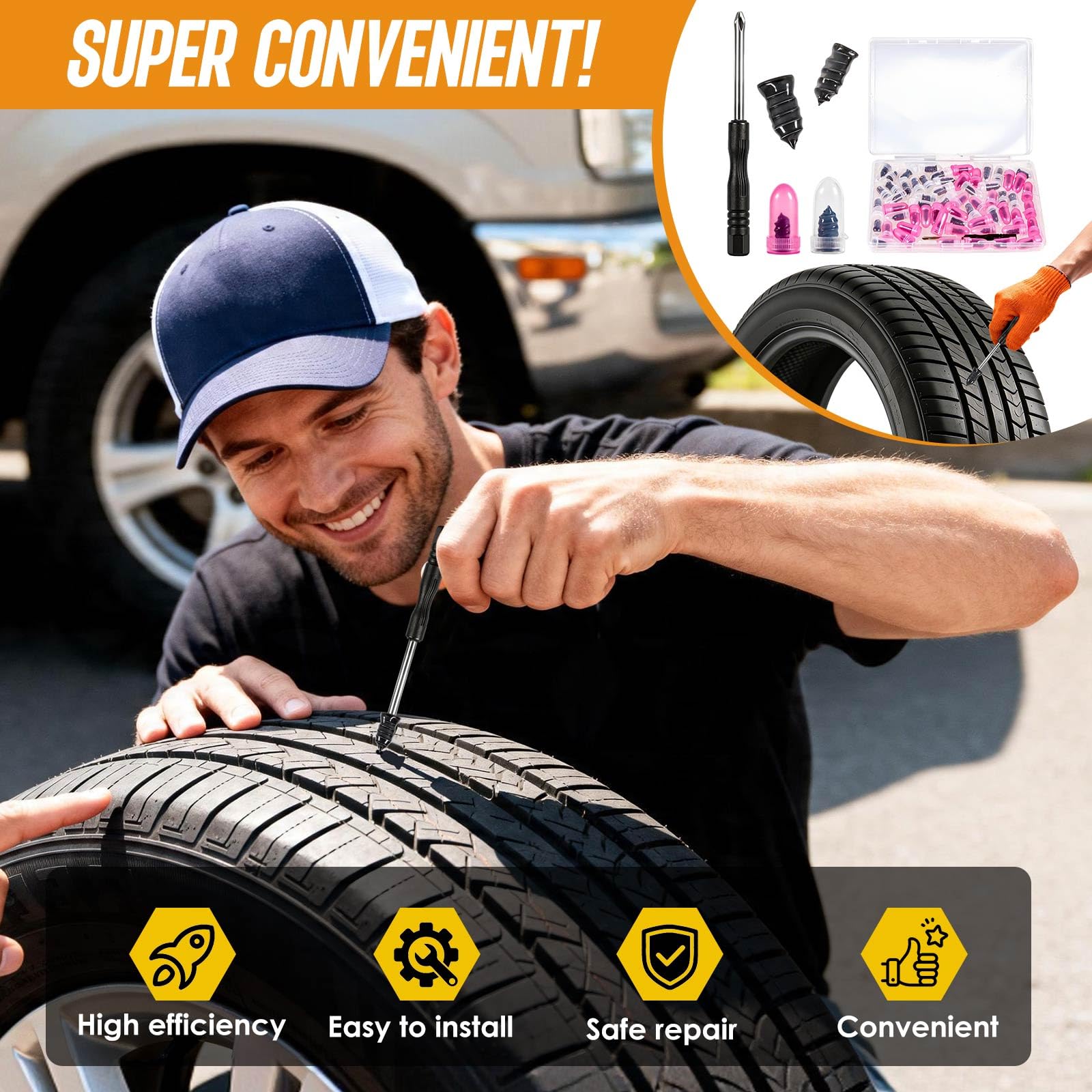 Kit di 61 chiodi in gomma per riparazione pneumatici, tappi in gomma a vite con cacciavite per riparazione di forature di pneumatici tubeless, strumento di emergenza per riparazione di pneumatici