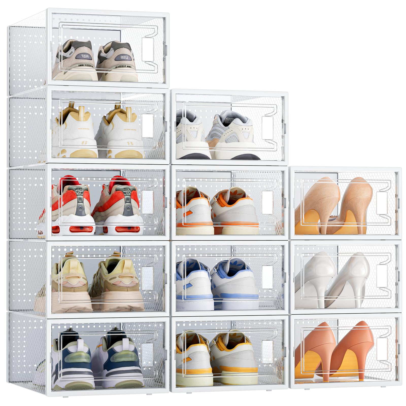 StowBin 12 Pack Shoe Storage Box Stackable Clear Plastic Shoe Storage Box with Doors for Women/Men, 32.5 x 23 x 13.5 cm (Clear)