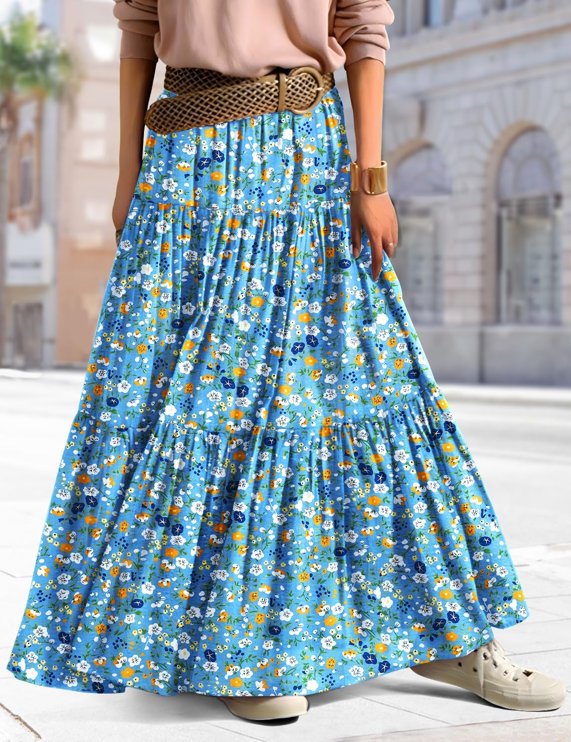 YESNO Women's Summer Boho Floral Maxi Skirts Casual Flowy Tiered A-Line Elastic Waist Skirt with Pockets SK0 - Image 4