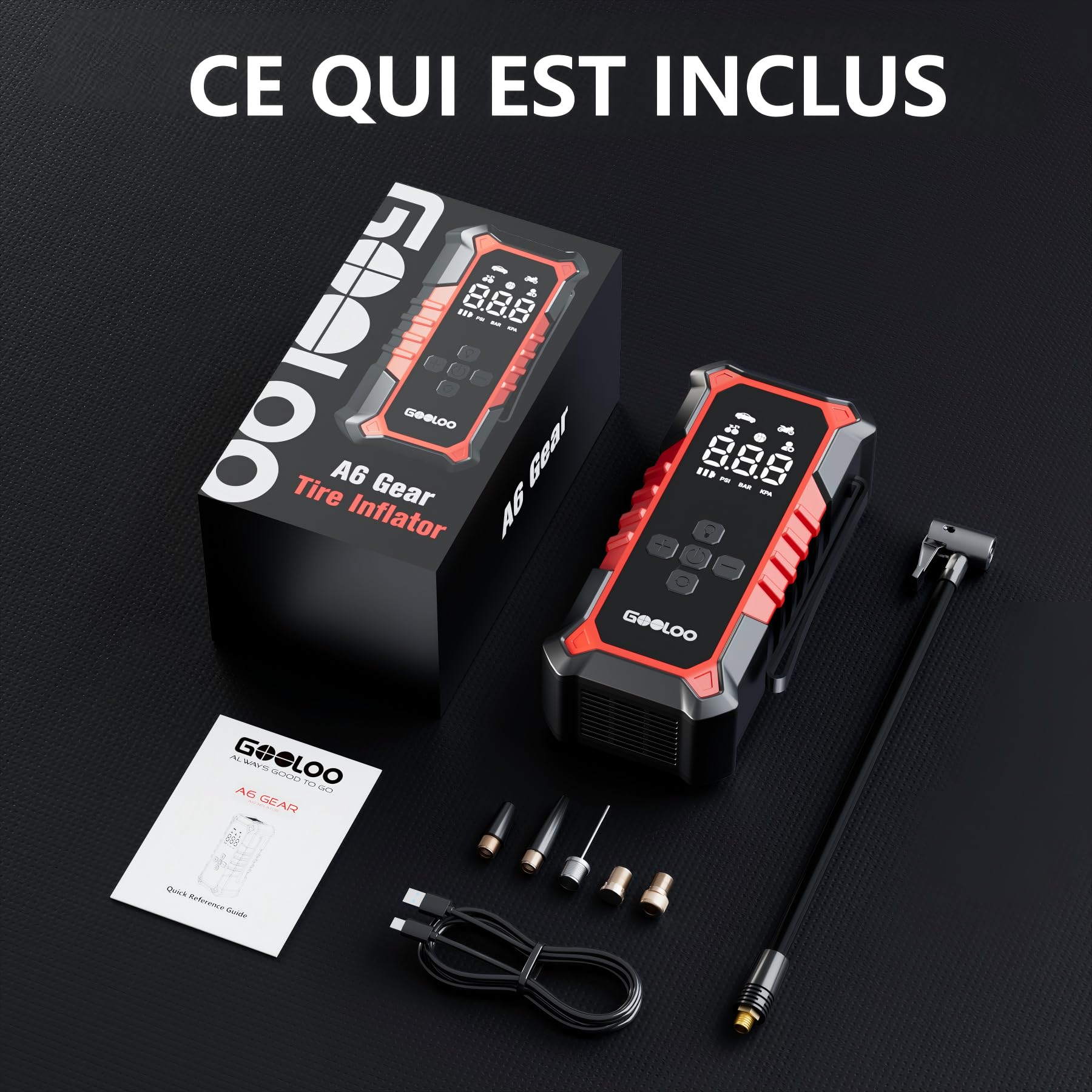 GOOLOO A6 Gear Compresseur d'air Portable 160 PSI (11 BAR) | Gonfleur Pneu Sans Fil, Manomètre Numérique, Pompe Électrique Intelligente, Arrêt Automatique, Lumière LED Pour Pickup