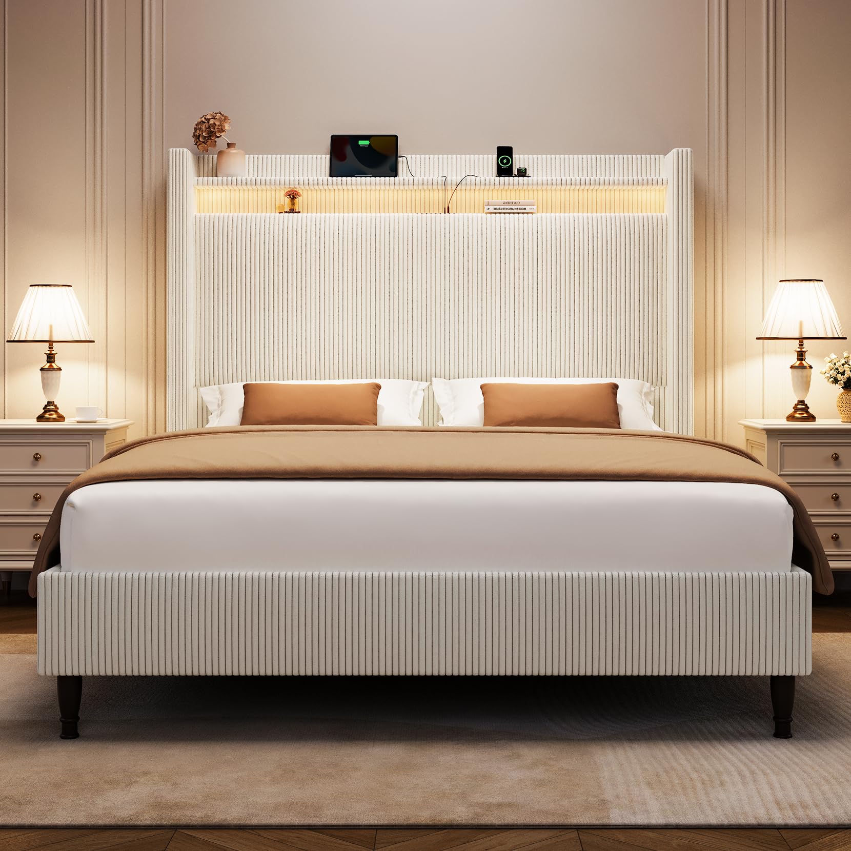 Queen Bed Frame with Tall Headboard, 55.3" Upholstered Platform Queen Size Bed Frame, Elegant Corduroy Wingback Bed with LED Lights & Charging Station, No Box Spring Needed, Solid Wood Slats, Cream