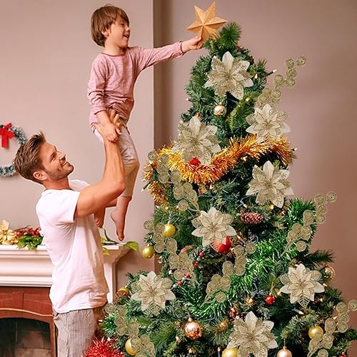 Miniatura 5 de Juego de 24 flores de Pascua de Navidad en caja dorada, 16 piezas de flores de Pascua artificiales con clips, 8 adornos para árbol de Navidad con