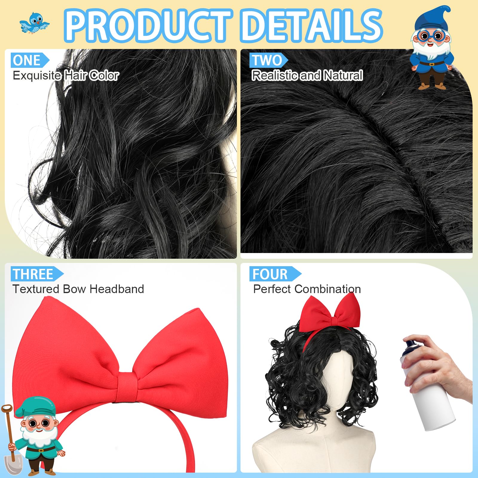 Pwsap 3Pcs Short Black Wavy Wigs for Women with Bow Headband Wig Cap Curly Wigs Layered Natural Synthetic Wig Costume Bob Hair Wig Anime Cosplay Full Head Wigs for Halloween Christmas Party Carnival - Image 3