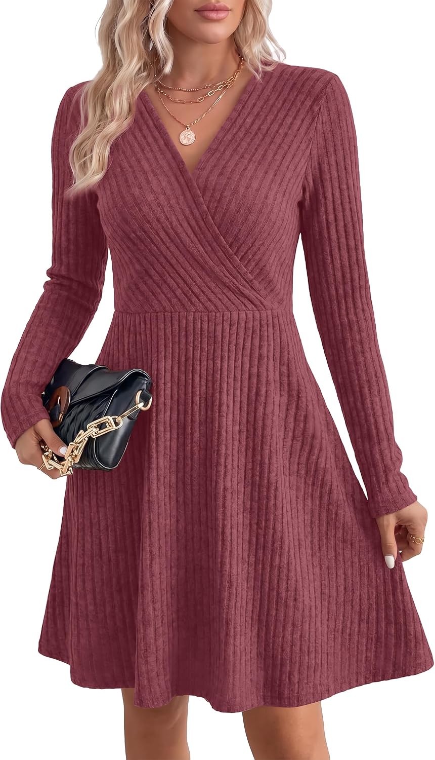 WIH0LL Womens Fall Dresses 2026 Long Sleeve Wrap Sweater Dress with Pockets thumbnail