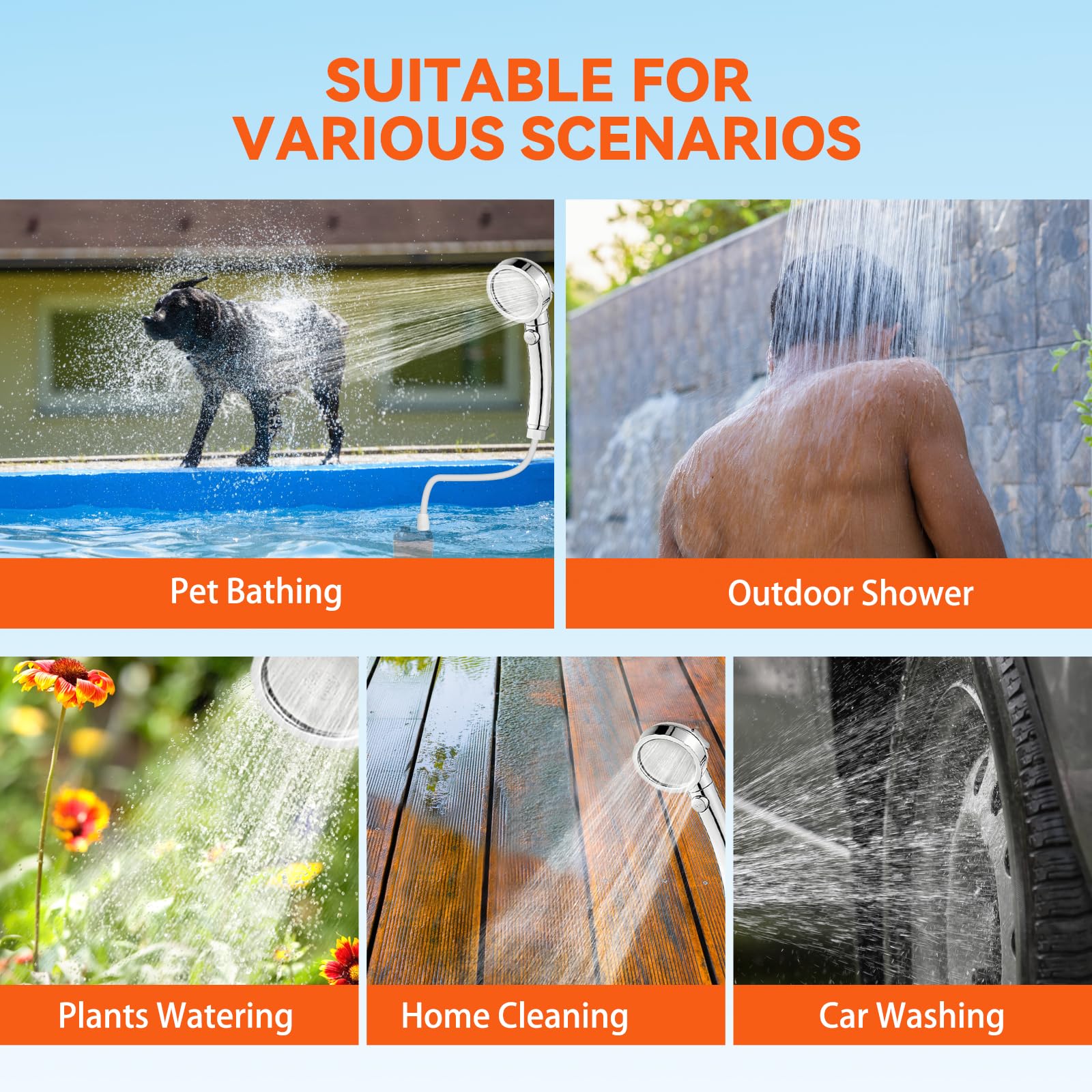 Ducha de Camping portátil con batería y Bomba, Pantalla inteligente bomba de agua autocebante ajustable de dos niveles con manguera de ducha y accesorios, 6000 mAh, valor Wh 22.2.