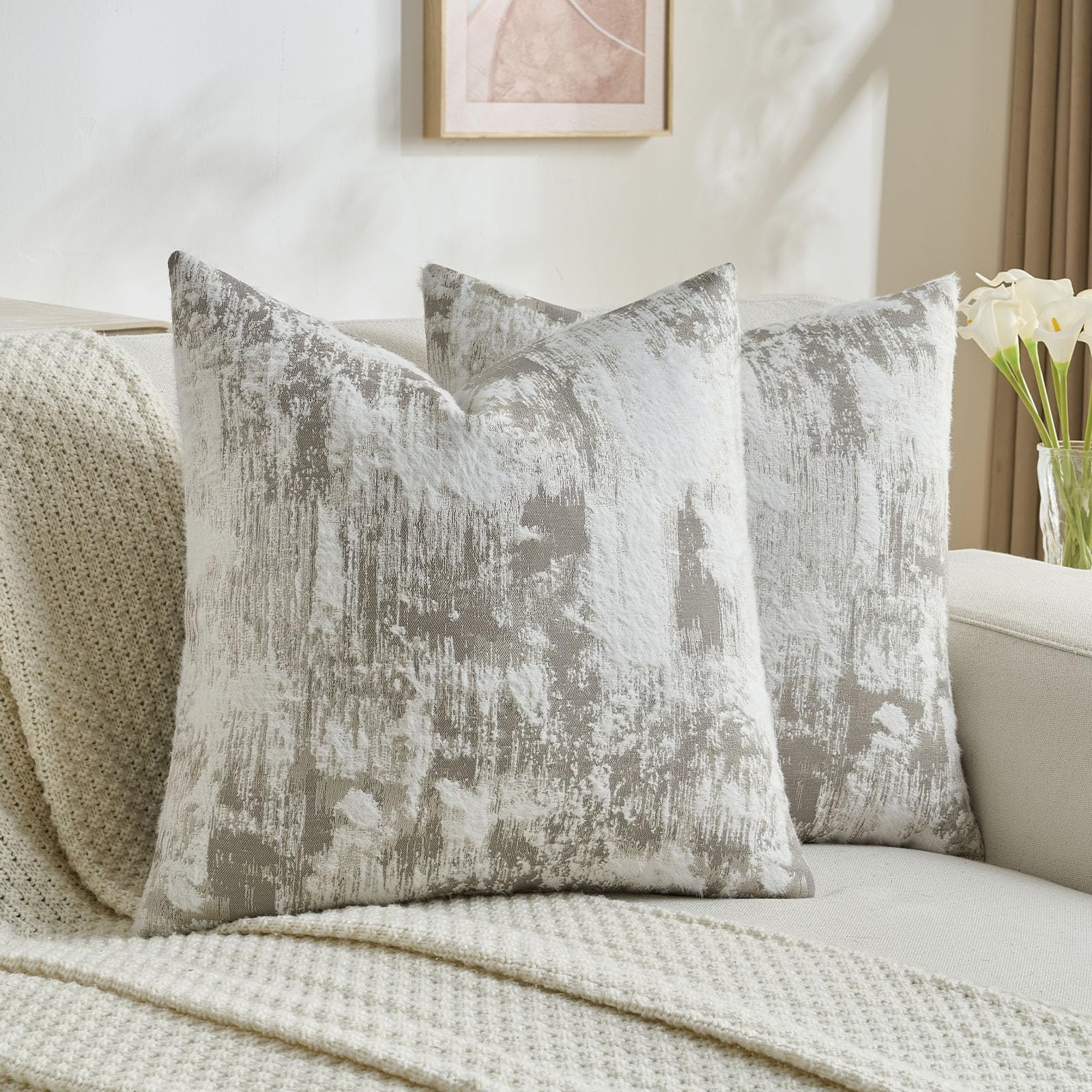 FUTEI Set of 2 Faux Cashmere Cushion Covers 40x40 cm, Grey White — image 1
